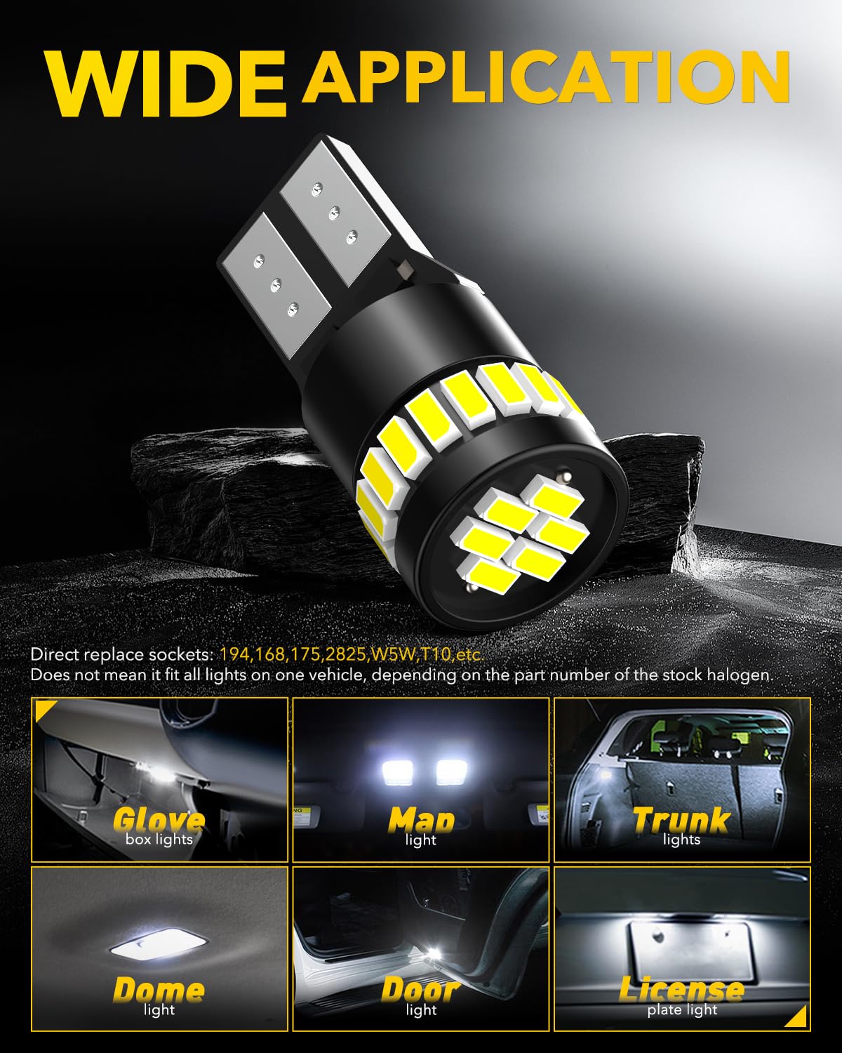 AUXITO 194 LED Bulb Kit - 6000K Xenon White, Error Free, Pack of 4 for Car Interior, License Plate, Dome Lights