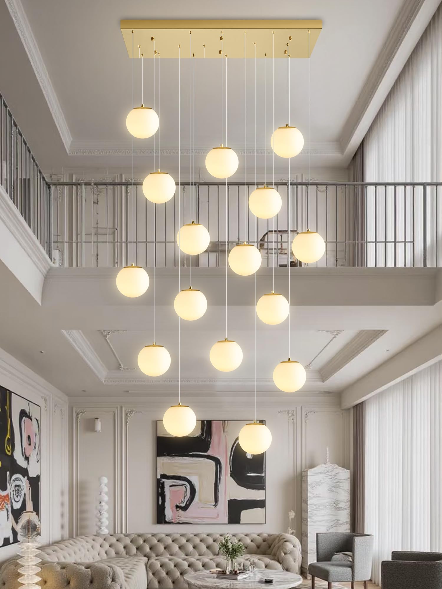 ykolupty 16-Light Gold Chandelier, White Globe Glass, Dimmable Ceiling Light, Metal, for Kitchen Island & Dining Room, Model TP3016-RB-16J-CT