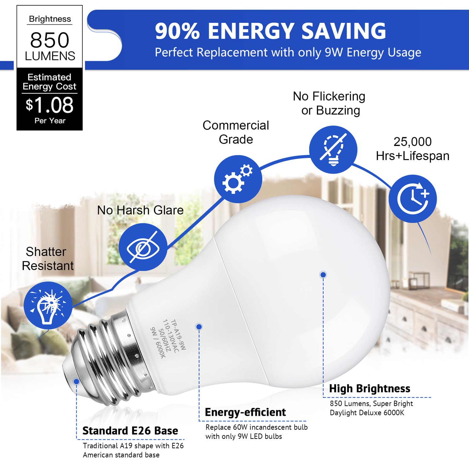 Maylaywood A19 Led Light Bulbs, 60 Watt Equivalent Led Bulbs, Cool White 6000K, 850 Lumens, E26 Base, Non-Dimmable, 9W Bright White Led Bulbs, 12-Pack