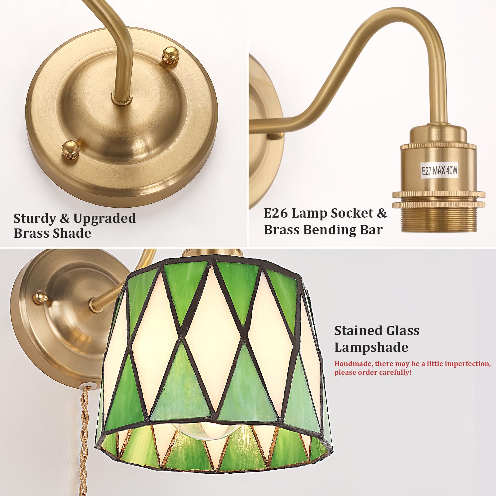 Shenmoyl Vintage Wall Sconce, Wall Mounted Lamps With Green Checker Sconce, Stained Glass Shade Gold Wall Lights Fixture With Plug In Cord And Switch For Bedroom Bathroom Living Room Hallway