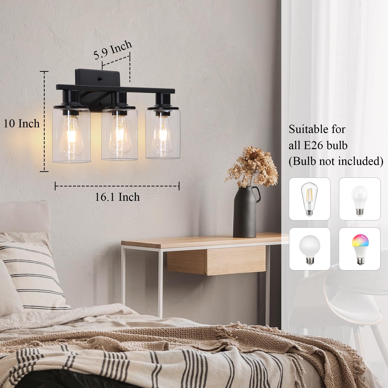 Matte Black Bathroom Light Fixtures Over Mirror 3-Light Bathroom Vanity Light With Clear Glass Shade Modern Farmhouse Wall Sconces Lighting For Mirror Kitchen Living Room Cabinet