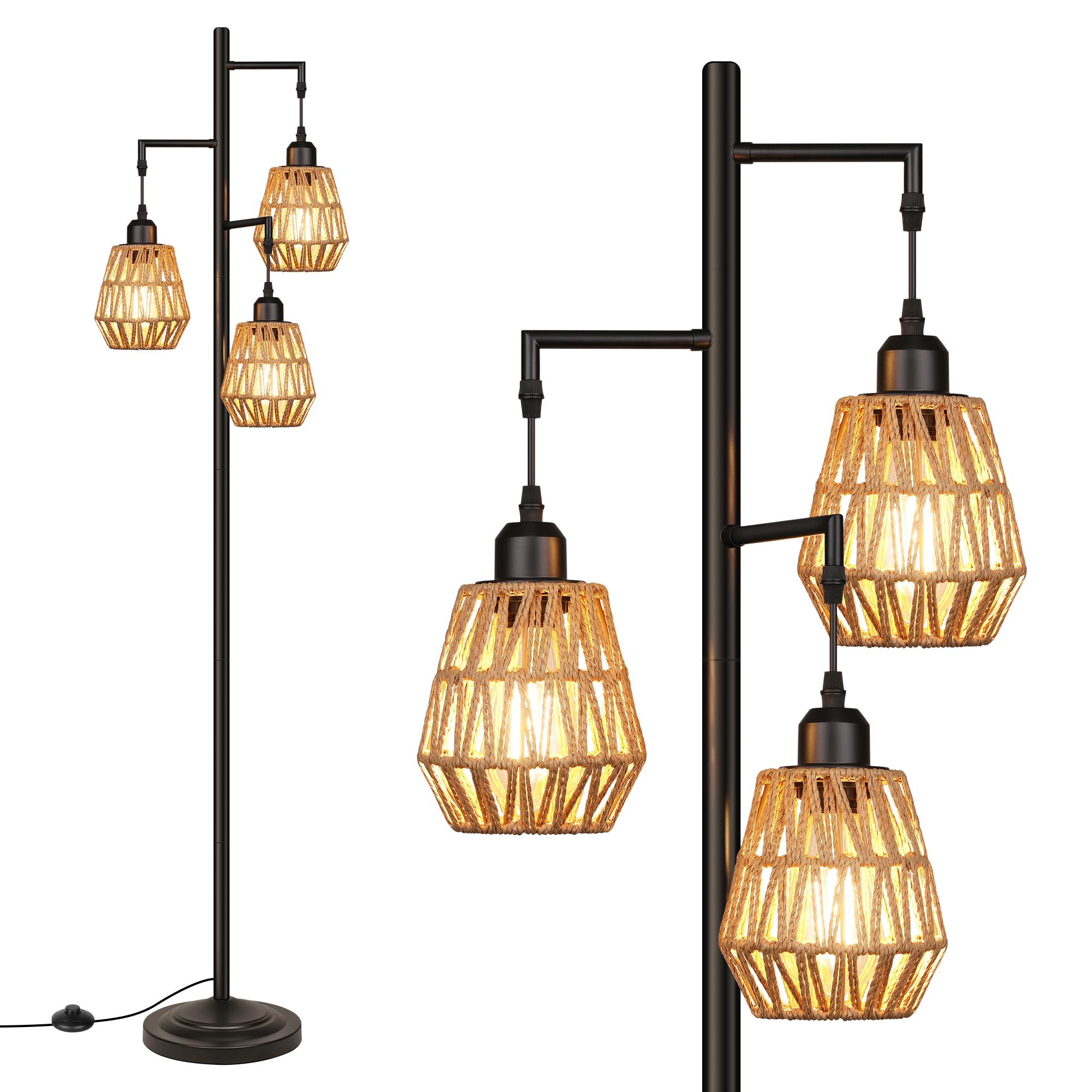 QiMH Farmhouse Floor Lamp, 3-Lights Rattan Shades, 68in Tall, Black Metal, Model STR-FL-0095, Ideal for Living Room and Office Decor