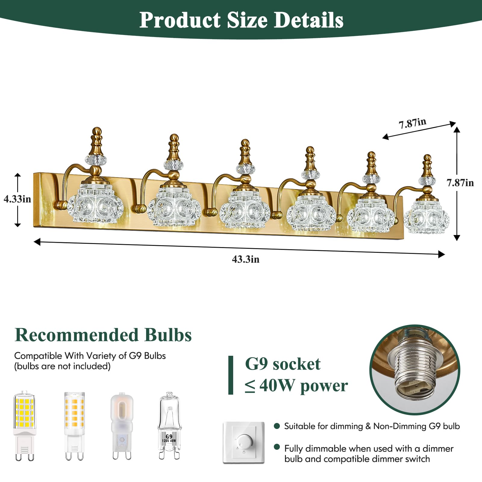 Lbsqj Modern Glass Crystal Vanity Light - Vintage Bathroom Lighting Fixtures Over Mirror 6 Light Vanity Lights G9 Bulb (43.3 Inch  Gold)