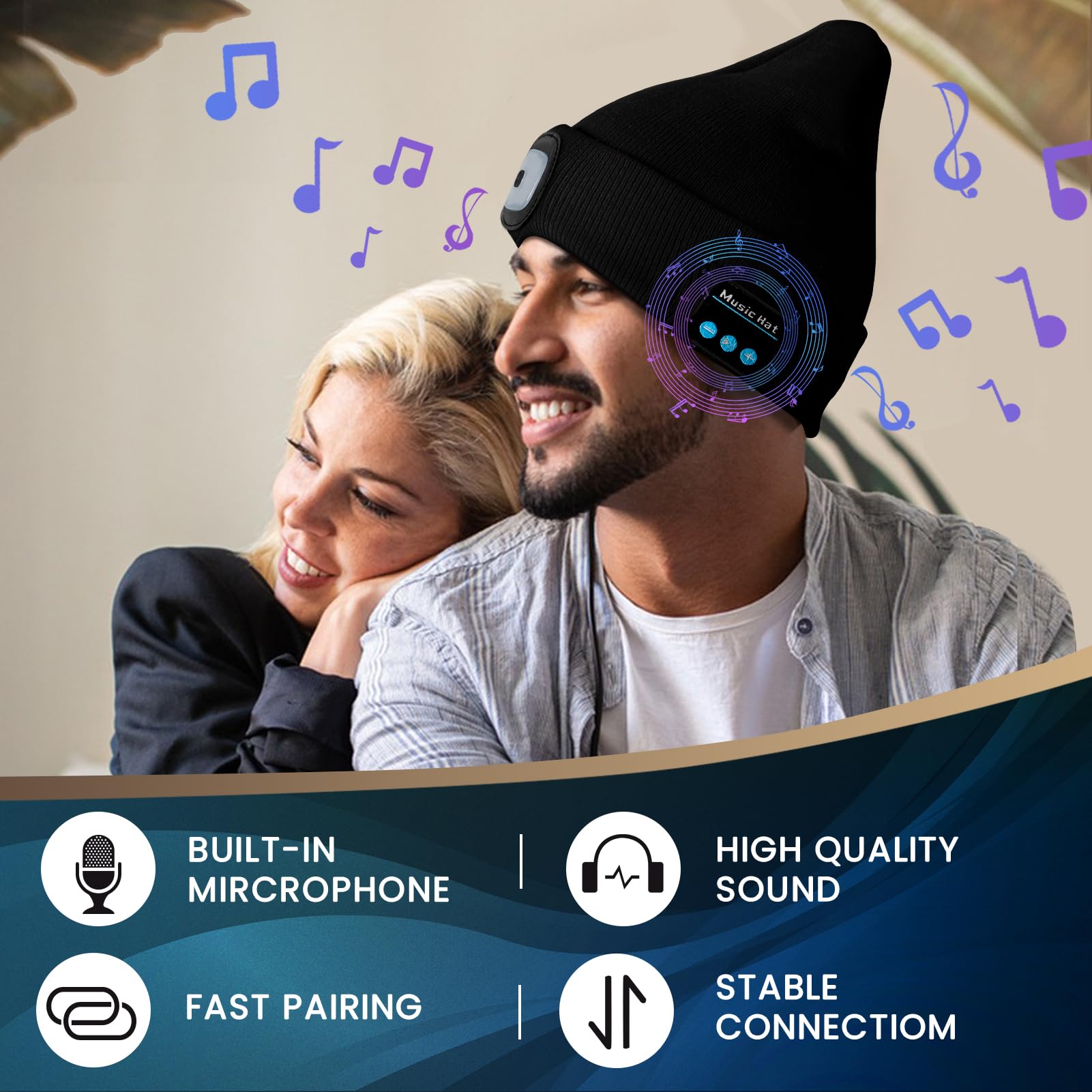 VIB high-standard Bluetooth Beanie Hat with USB Rechargeable LED Light, Black, Model VBHL01, 100% Acrylic
