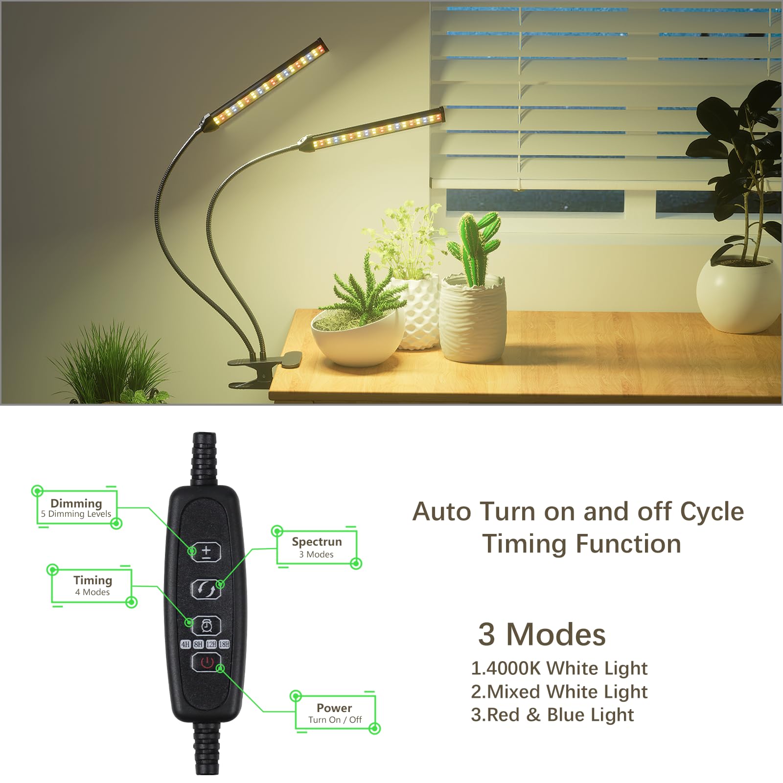 Gooingtop Grow Light Gooseneck Led Lamp,80W 5000K Full Spectrum Plant Lamp Clip-On Desktop For Indoor Small Plants Growing,Timer 4 8 12 18Hrs,Brightness & Color Spectrum Changeable