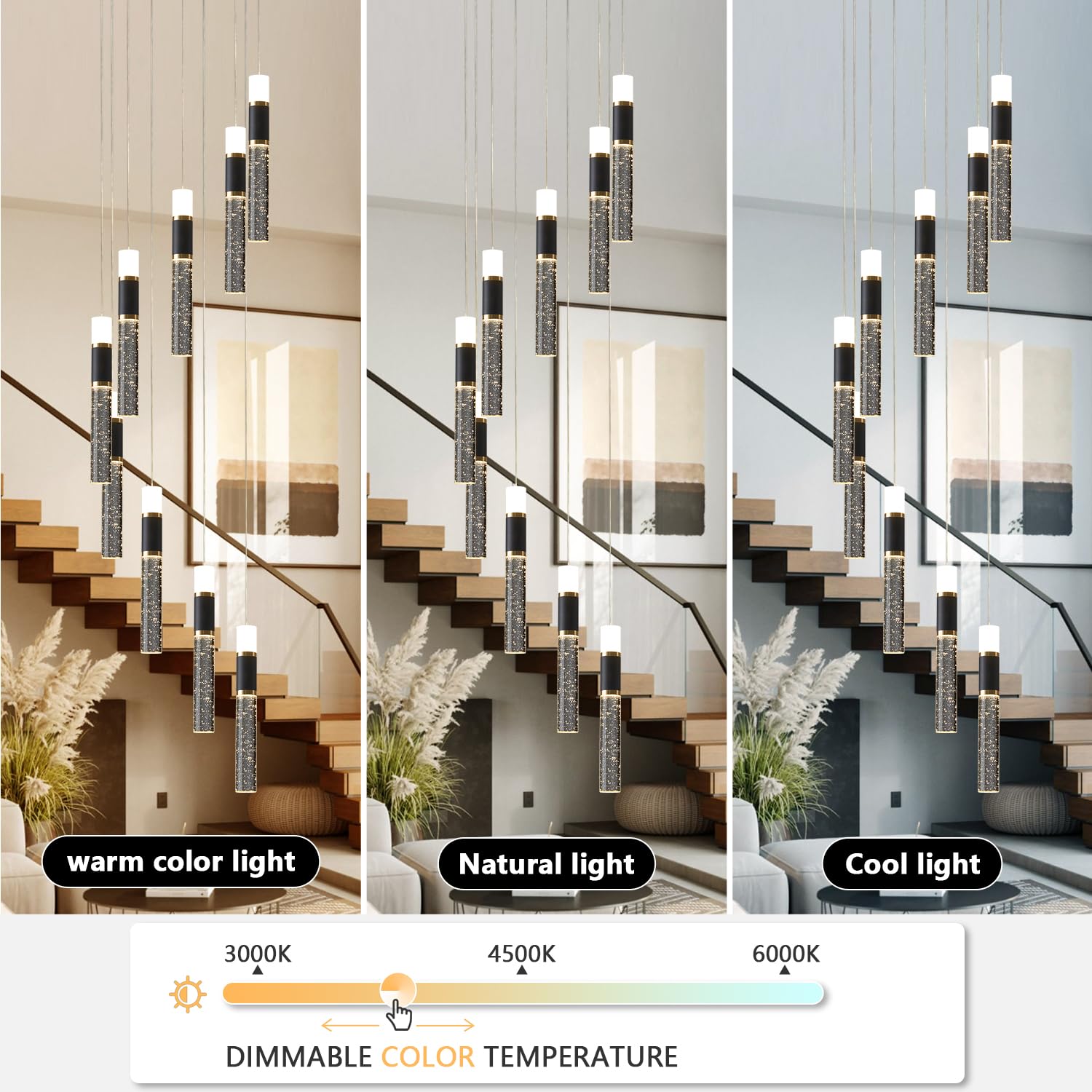 Embring Modern Chandelier,Dimmable Black Gold Led Chandelier For High Ceilings Chandelier Modern Foyer Chandeliers Entryway High Ceiling Hanging Long Chandelier For Staircase With Remote