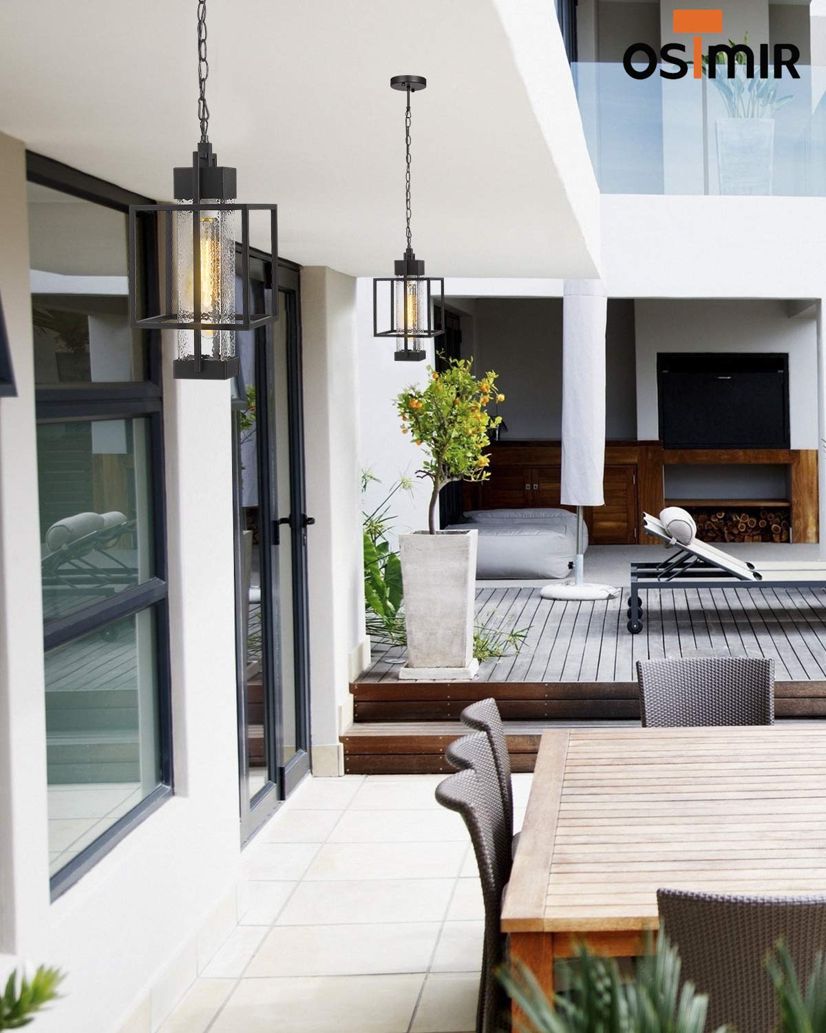 Osimir 16&quot; Outdoor Pendant Light - Modern Black Lantern With Bubble Glass For Porch & Entryway