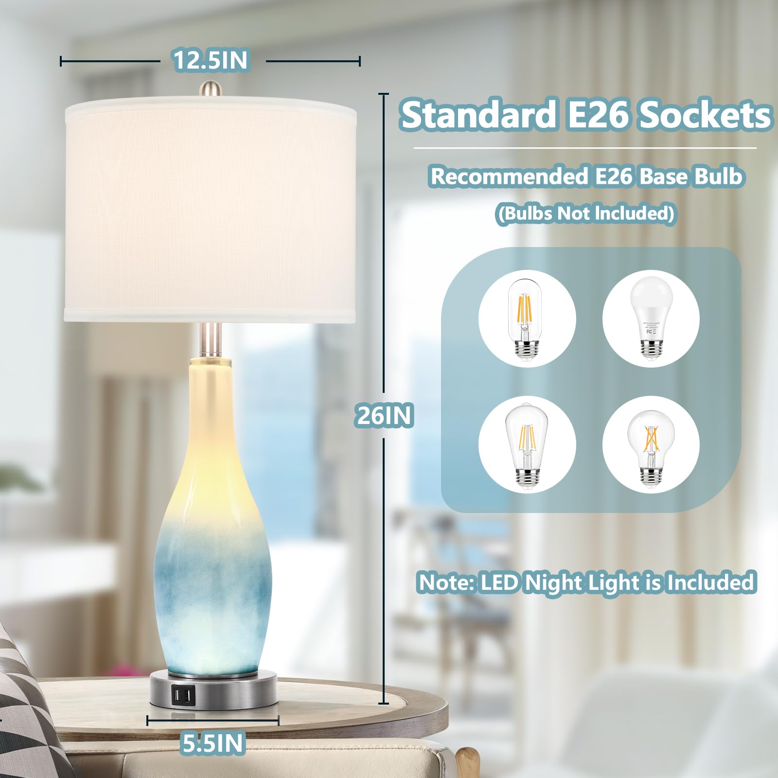 BesLowe 26in Coastal Glass Table Lamps Set of 2 with USB Ports & LED Nightlight, Blue, Modern Design for Living Room & Bedroom
