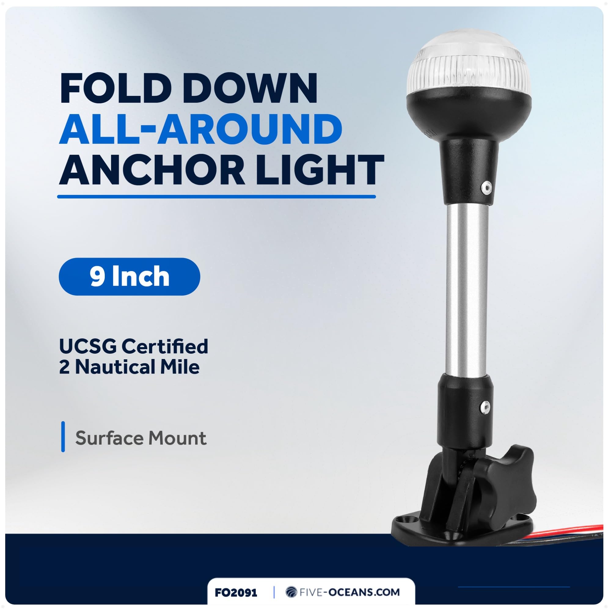 Five Oceans 9-Inch Stern Light - Stainless Steel Pole, 2NM Visibility, For Pontoon, Sport & Fishing Boats