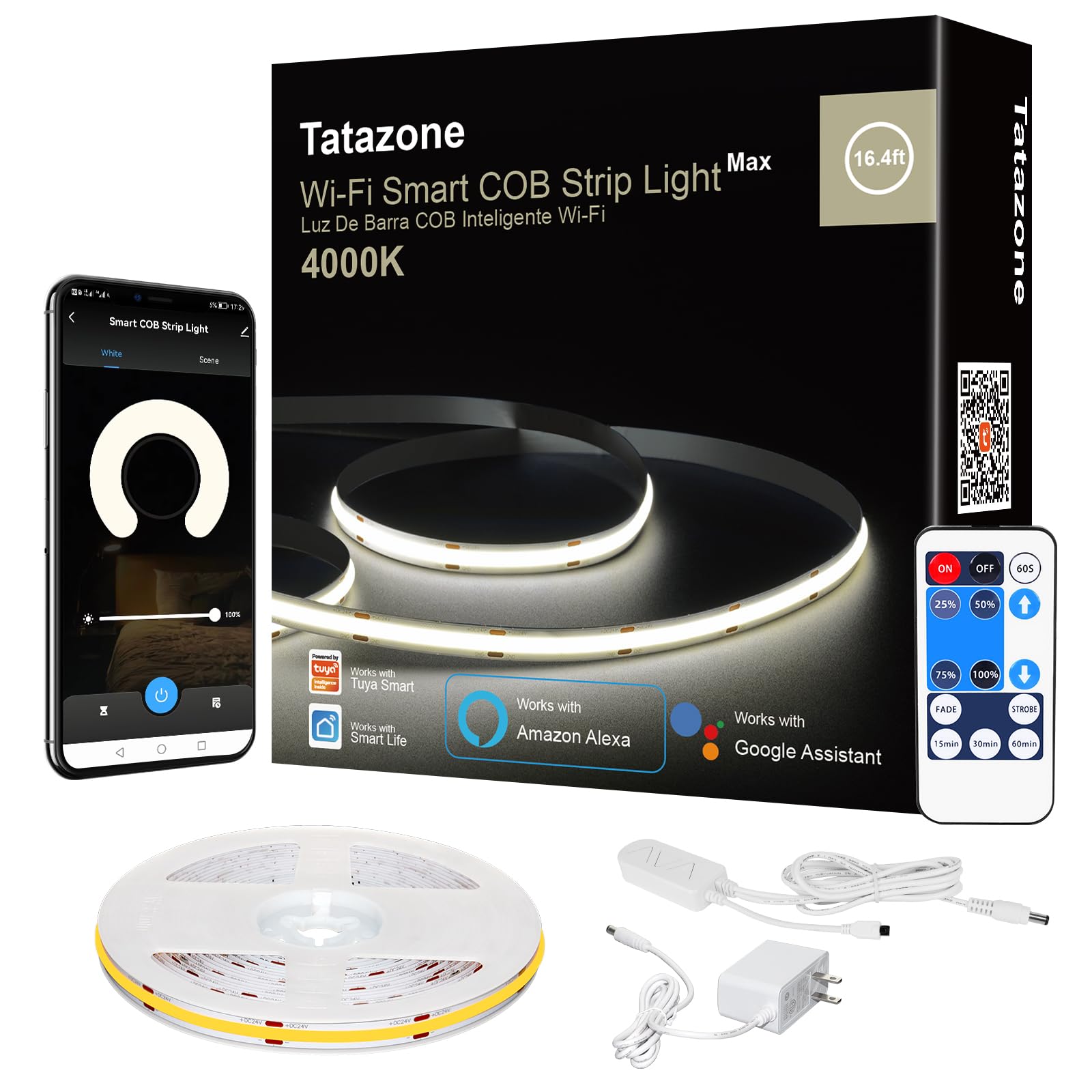 Tatazone Smart White COB Led Band Light with App and Remote  16.4ft 4000K WiFi Bright COB Light Band Compatible with Alexa Google  Dimmable Indoor COB Led Lights for Mirror  Room  Cabinet  Kitchen