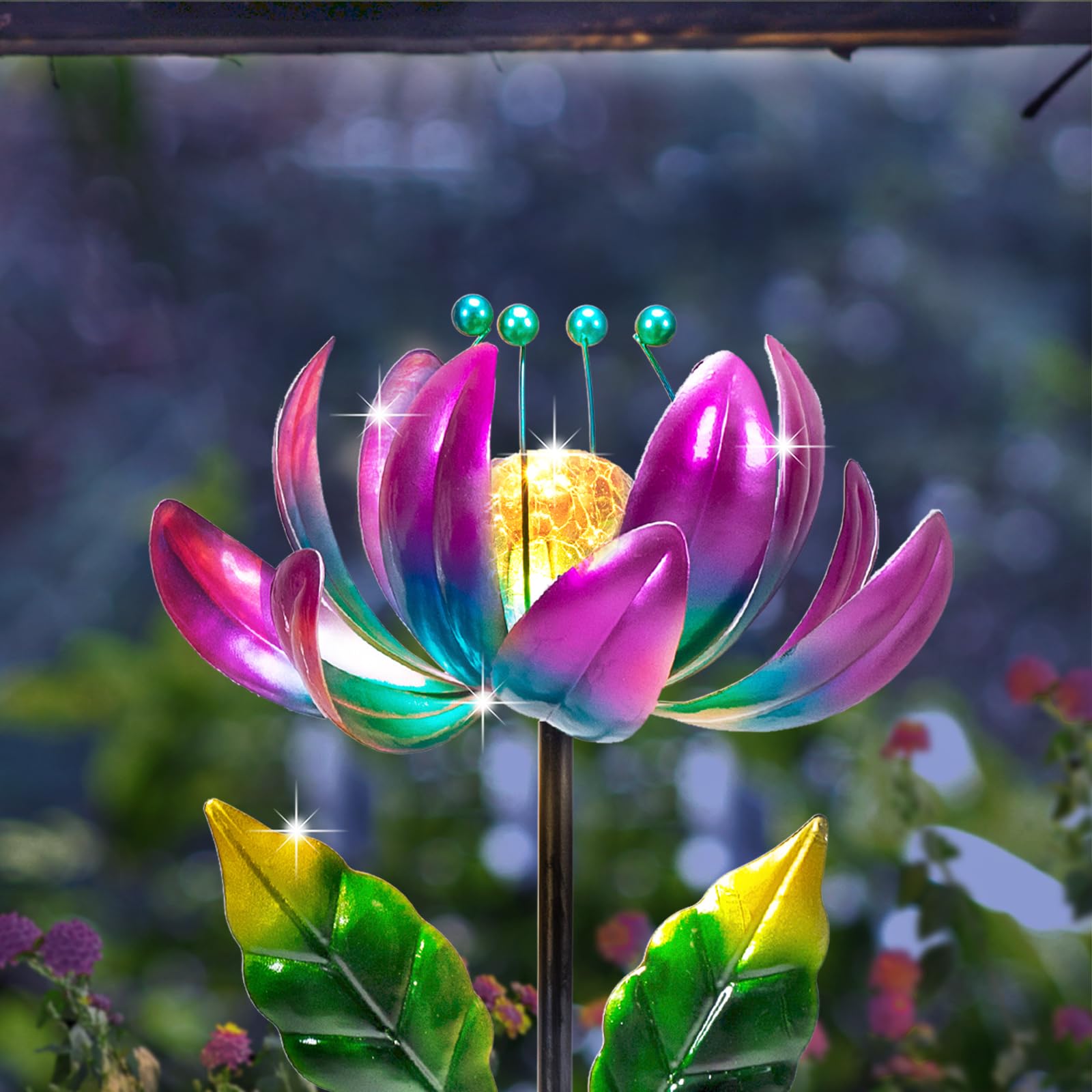 Huaxu Solar Outdoor Lights 35.4In Garden Decor Flower Wind Spinners,Waterproof LED Crackle Glass Globe Purple Lotus Art Metal St