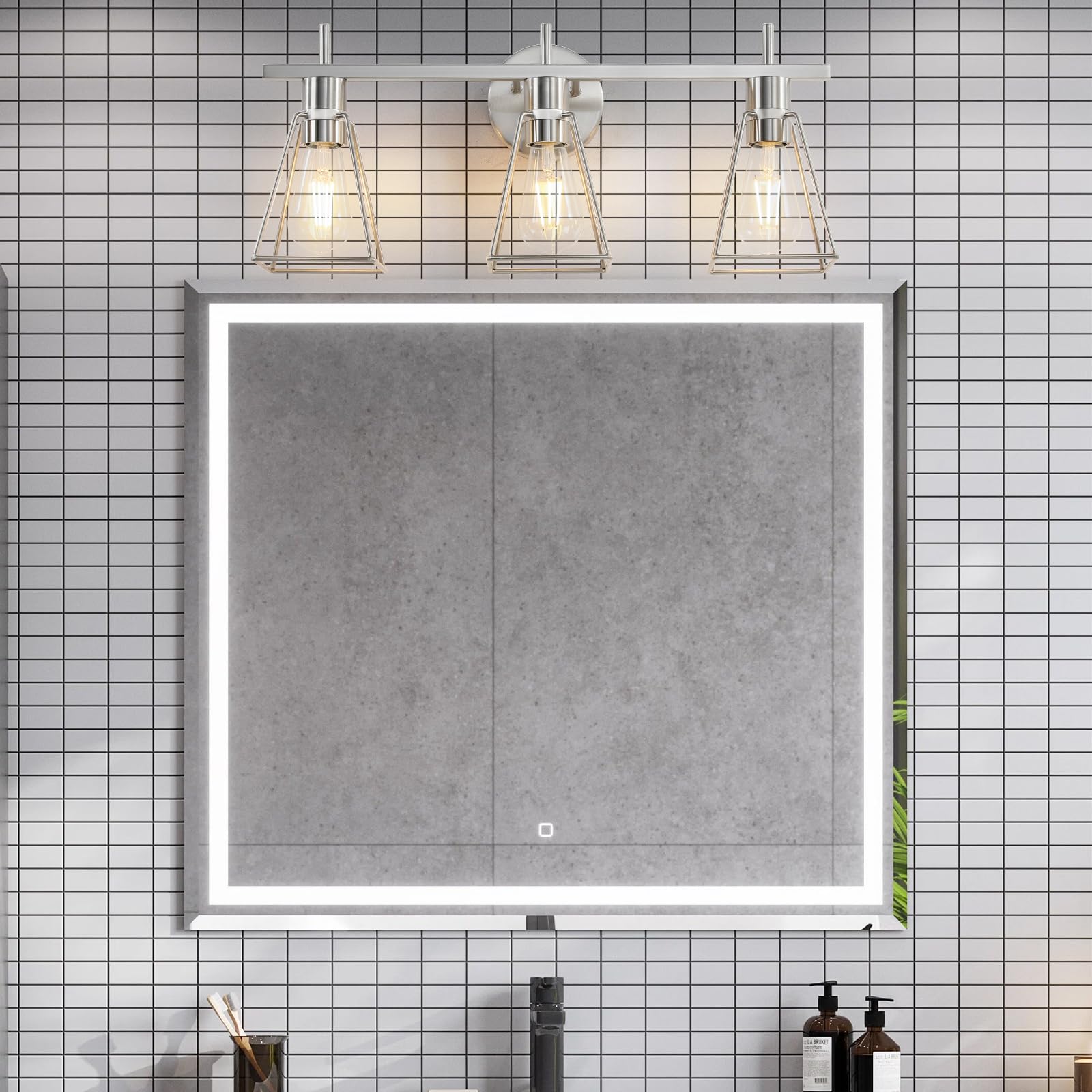 HAHZT 3-Light Vintage Metal Cage Bathroom Vanity Light - Brushed Nickel Rustic Fixture for Mirrors & Cabinets, Model 8065ML