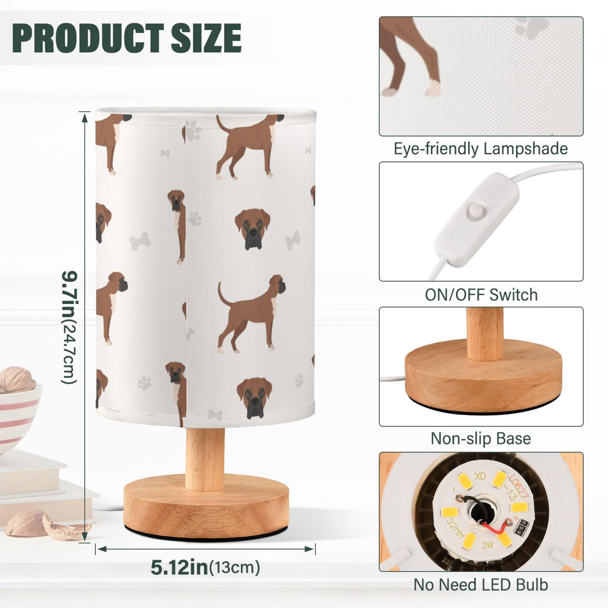 Yyzzh Table Lamp Boxer Dog Pattern Nightstand Lamp With Wood Base Fabric Lamp Shade Bedside Desk Lamp For Living Room Bedroom Ki