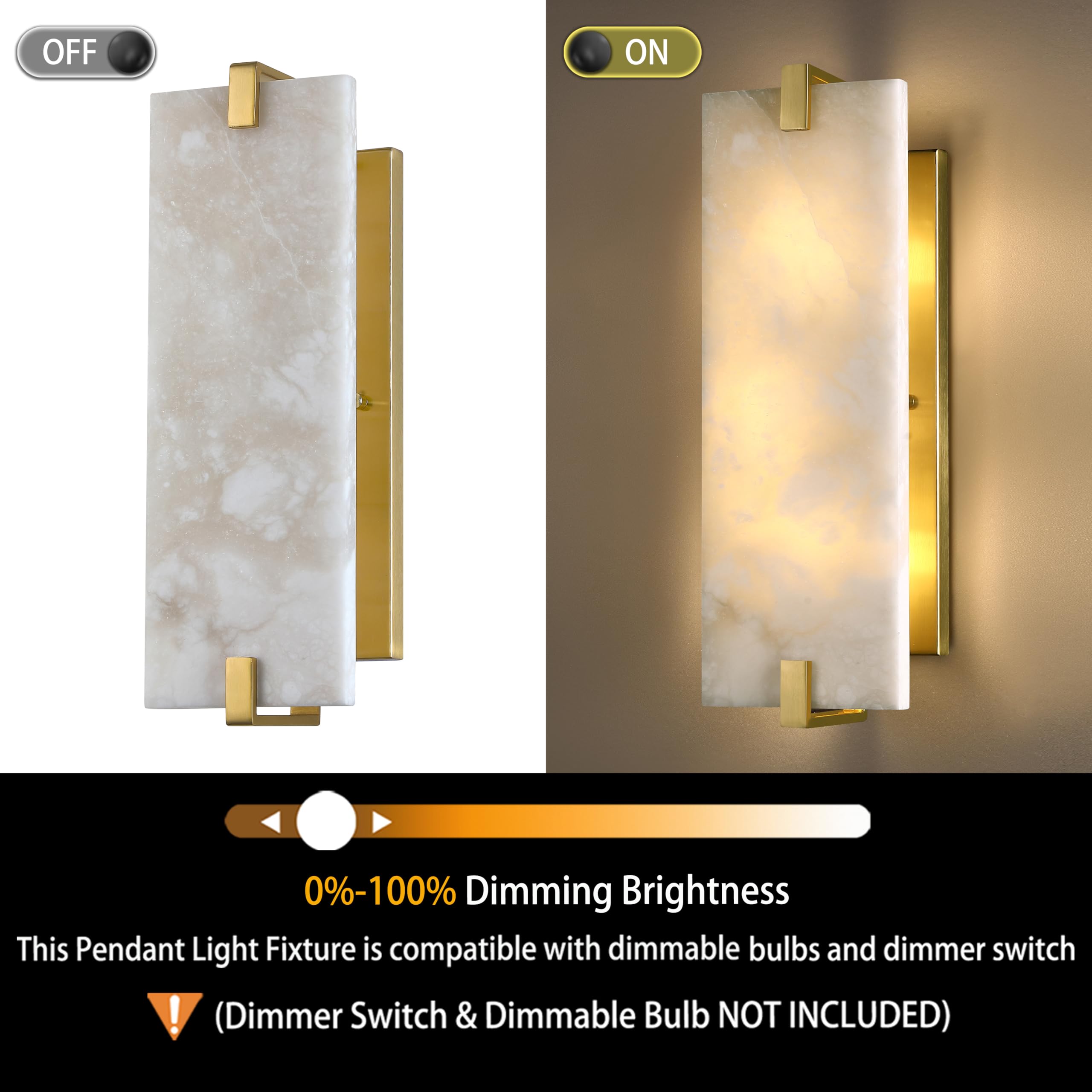 Cjy Chenjinyan 2 Light Square Alabaster Marble Bathroom Wall Sconce Modern Concise Style Wall Light Fixture,Brushed Bronze Finis