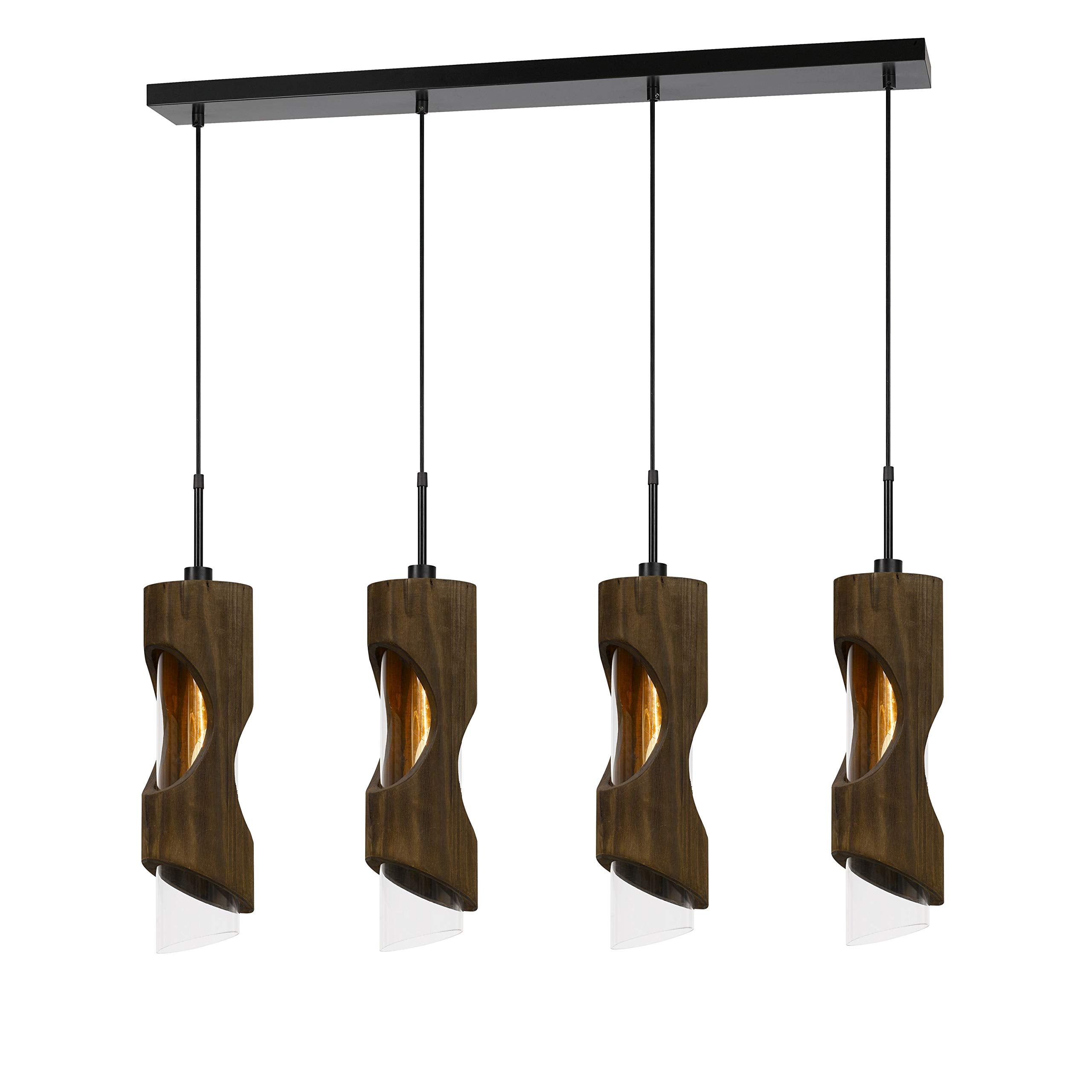 Benzara 4 Light Pendant Fixture, Metal Frame, Wooden & Glass Shades, Brown, Model BM225000