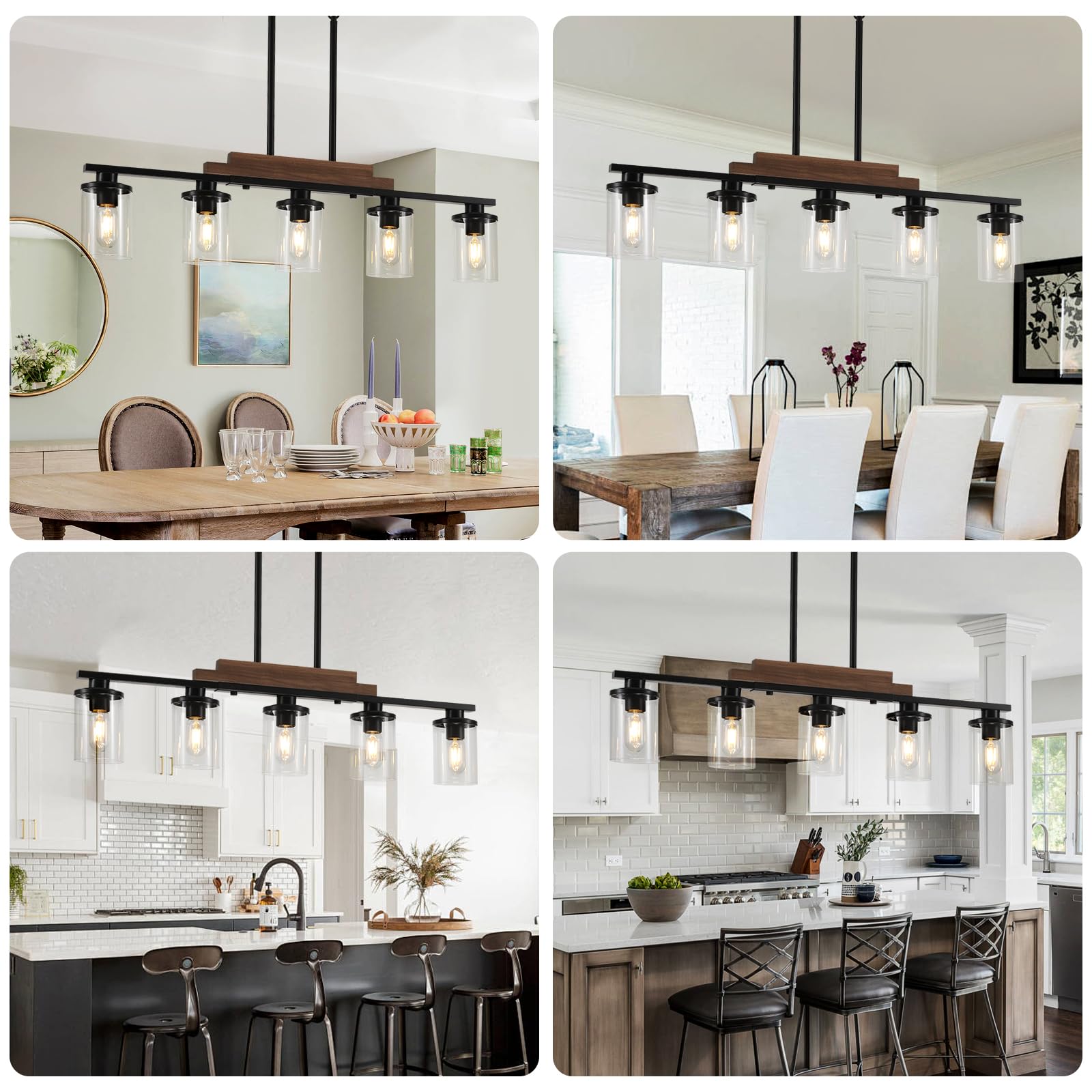 Dining Room Light Fixture Over Table,Farmhouse 5-Light Kitchen Island Lighting, Linear Chandelier With Clear Glass Shades, Moder
