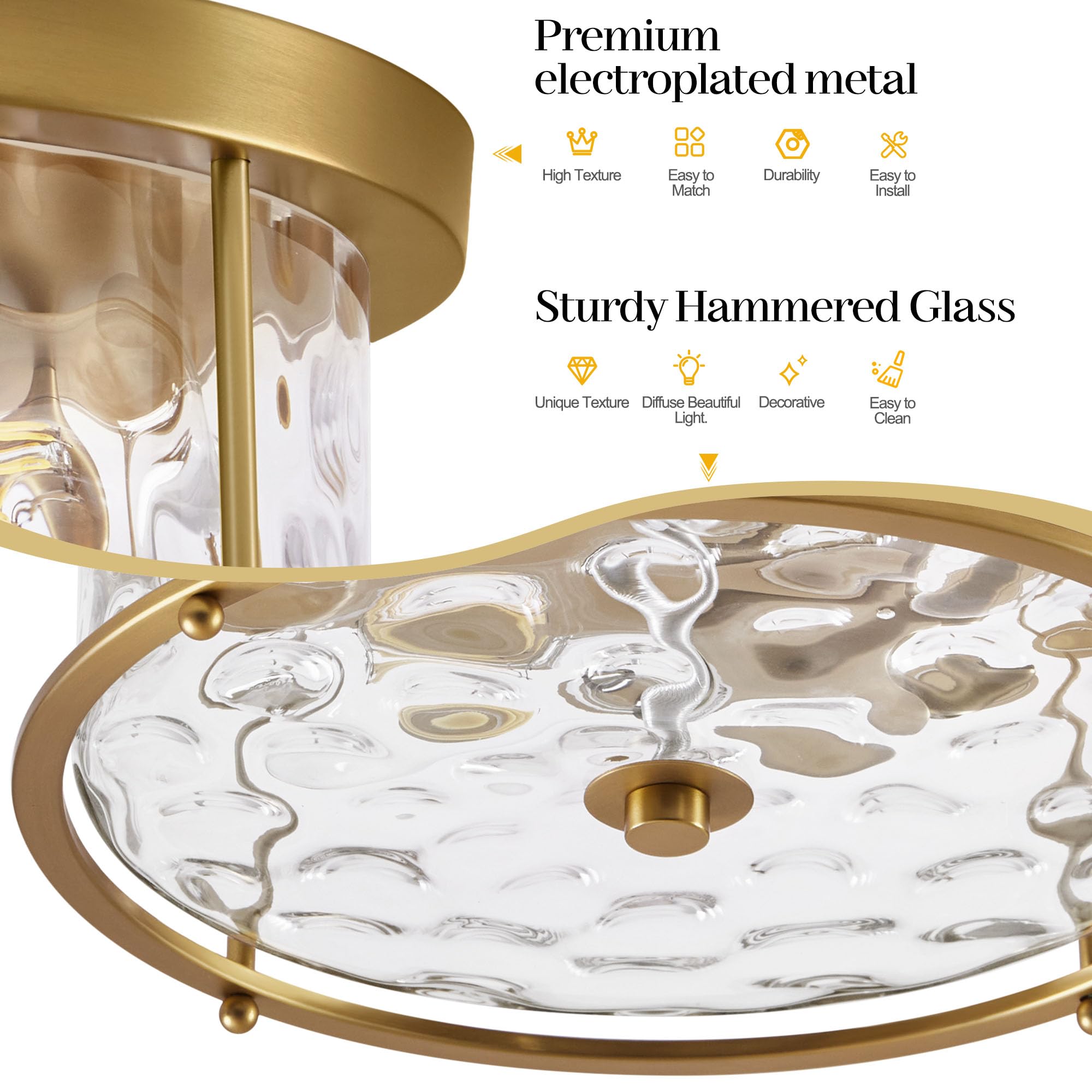 LamQee Flush Mount Ceiling Light, Industrial 2-Lights, Hammered Glass, Brushed Gold, Model 06FTL0284AGD, Low Profile for Kitchen and Hallway