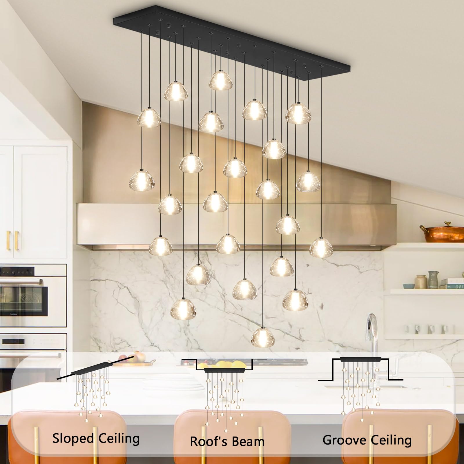 dolria 24-Lights Rectangular Crystal Chandelier Pendant Light - Black Metal Fixture for Living Room, Hotel, Staircase, Foyer, Bedroom - PC0010-24B-Chang