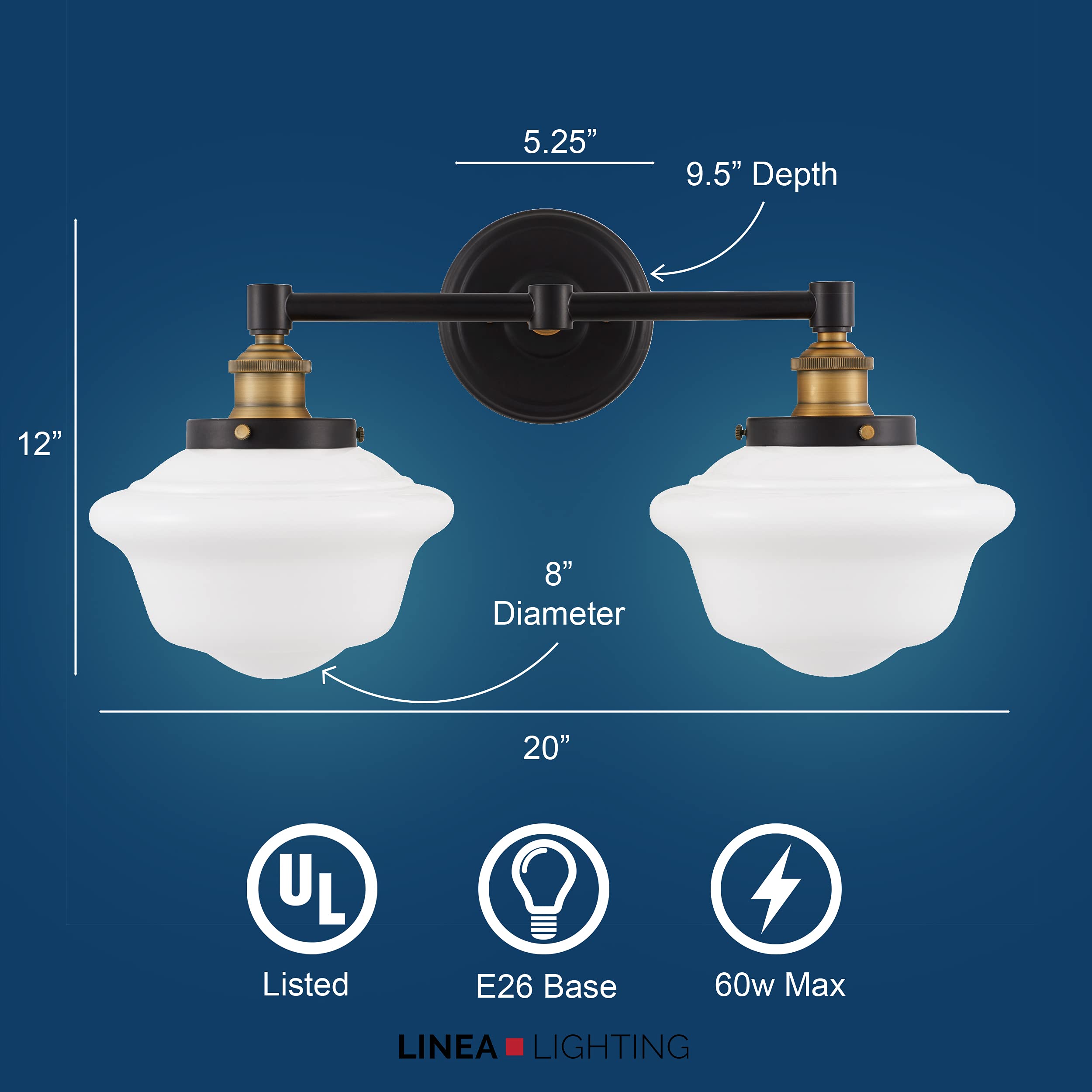 Linea di Liara 2-Light Bathroom Vanity Light Fixture, Antique Brass, Milk Glass Shades, Model LL-WL272-MILK-AB, UL Listed