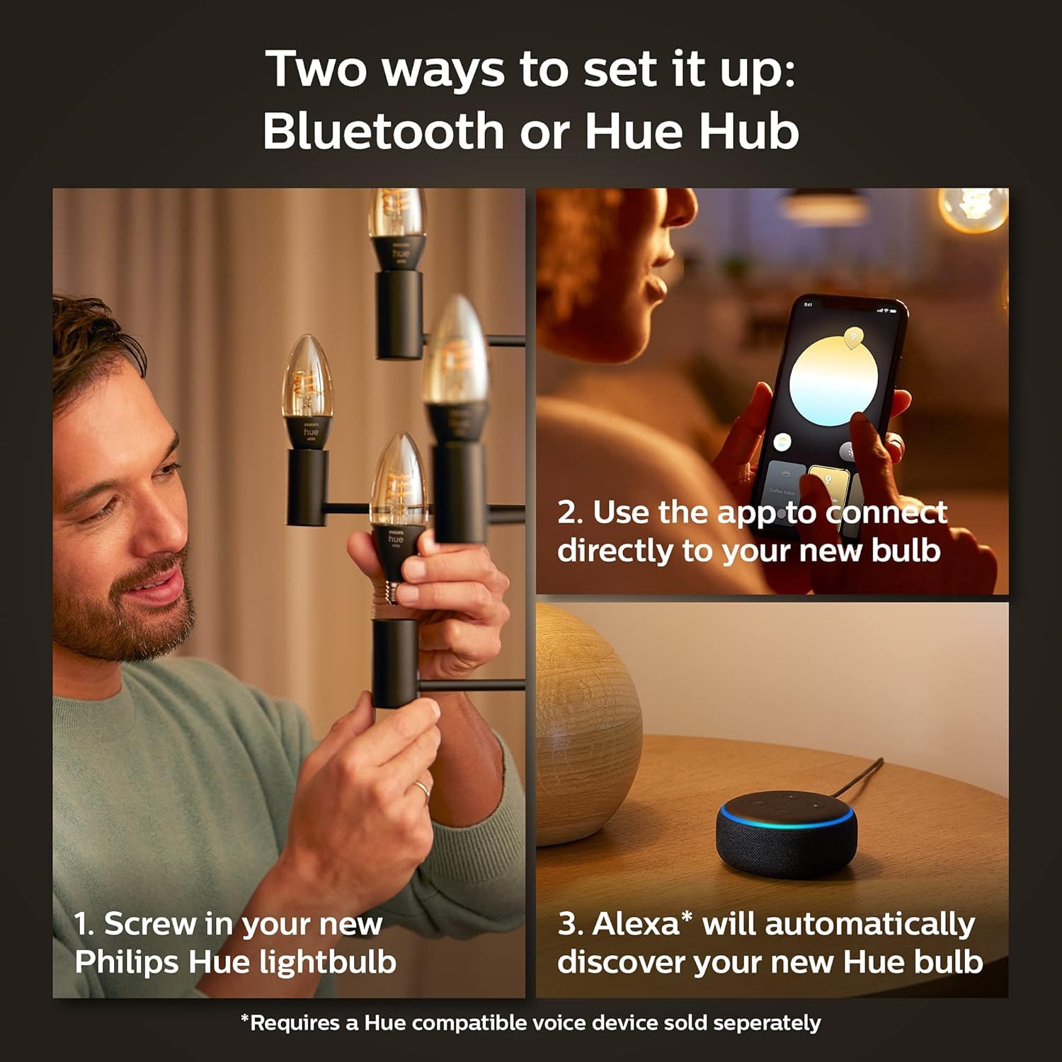 Philips Hue Smart 25W Candle-Shaped Filament LED Bulb - Soft Warm White Light - 4 Pack - 270LM - E12 - Indoor - Control with Hue