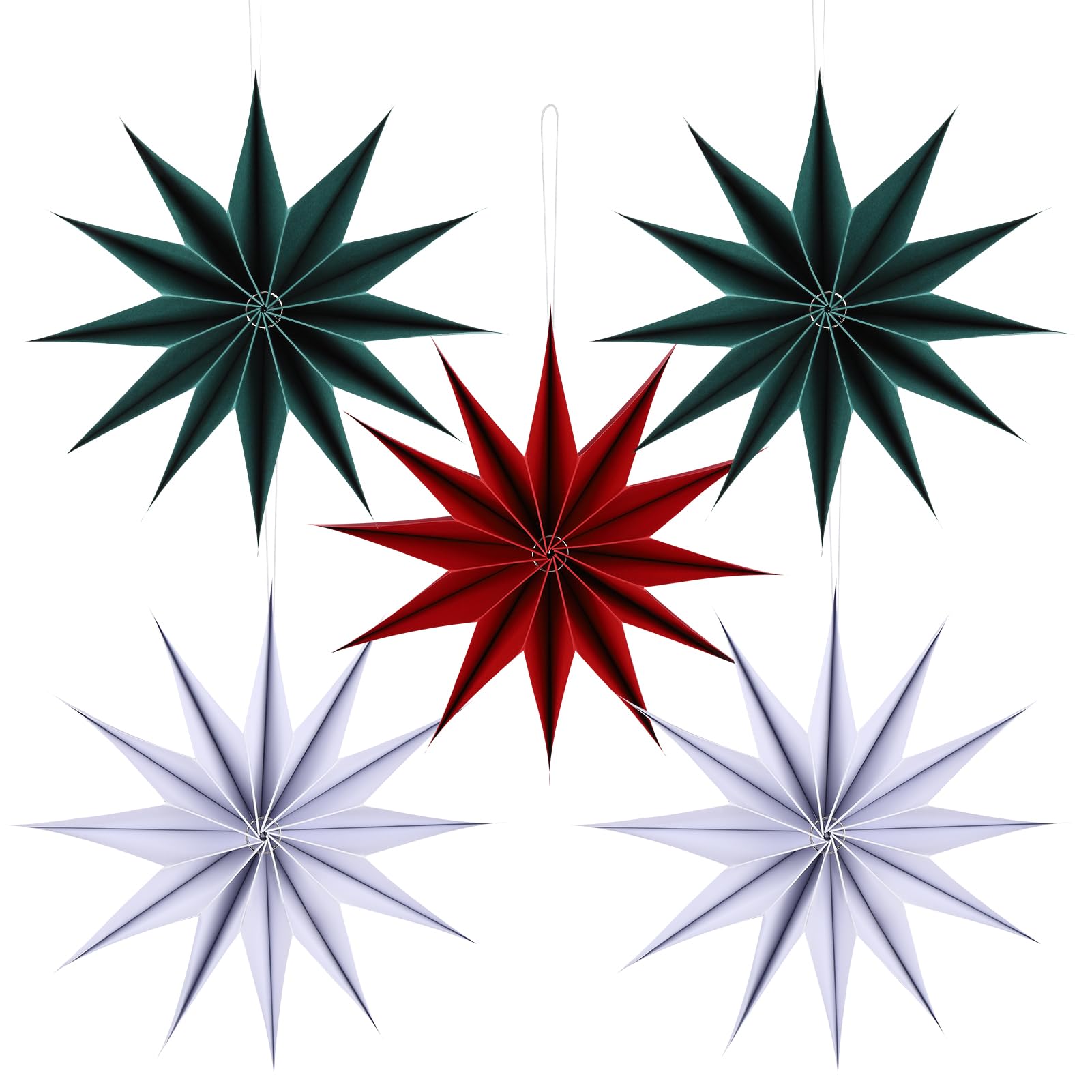 BestoFun 12 Inches 5 PCS Red Green White Paper Star Lanterns Hanging Stars Christmas Party Decorations Hanging Lampshade Christmas Wedding Birthday Christmas Home Party Decorations(12 Pointed)