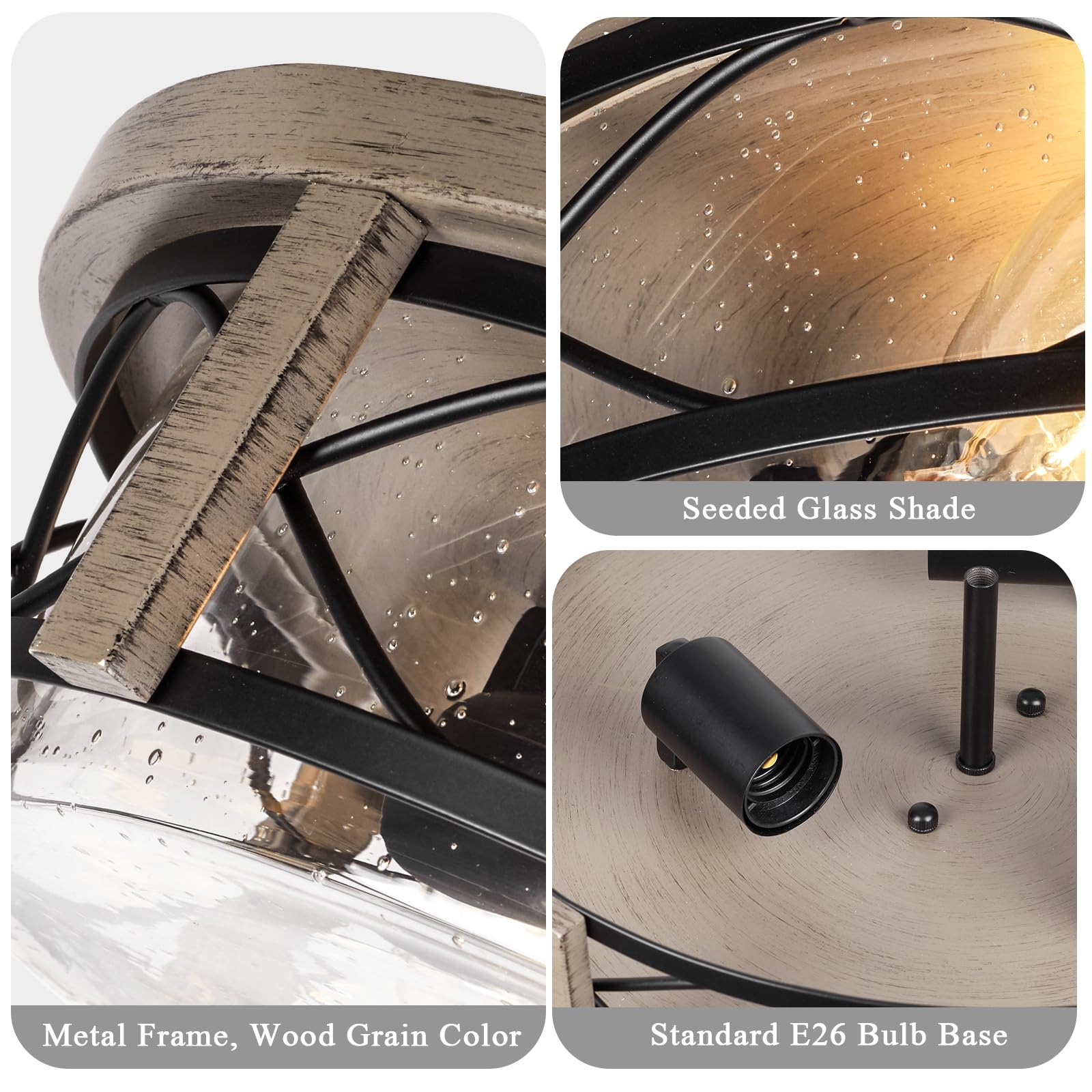 Rosient 16&quot; Farmhouse Flush Mount Ceiling Light, 3-Light Wood Grain, Seeded Glass, Large Indoor/Outdoor