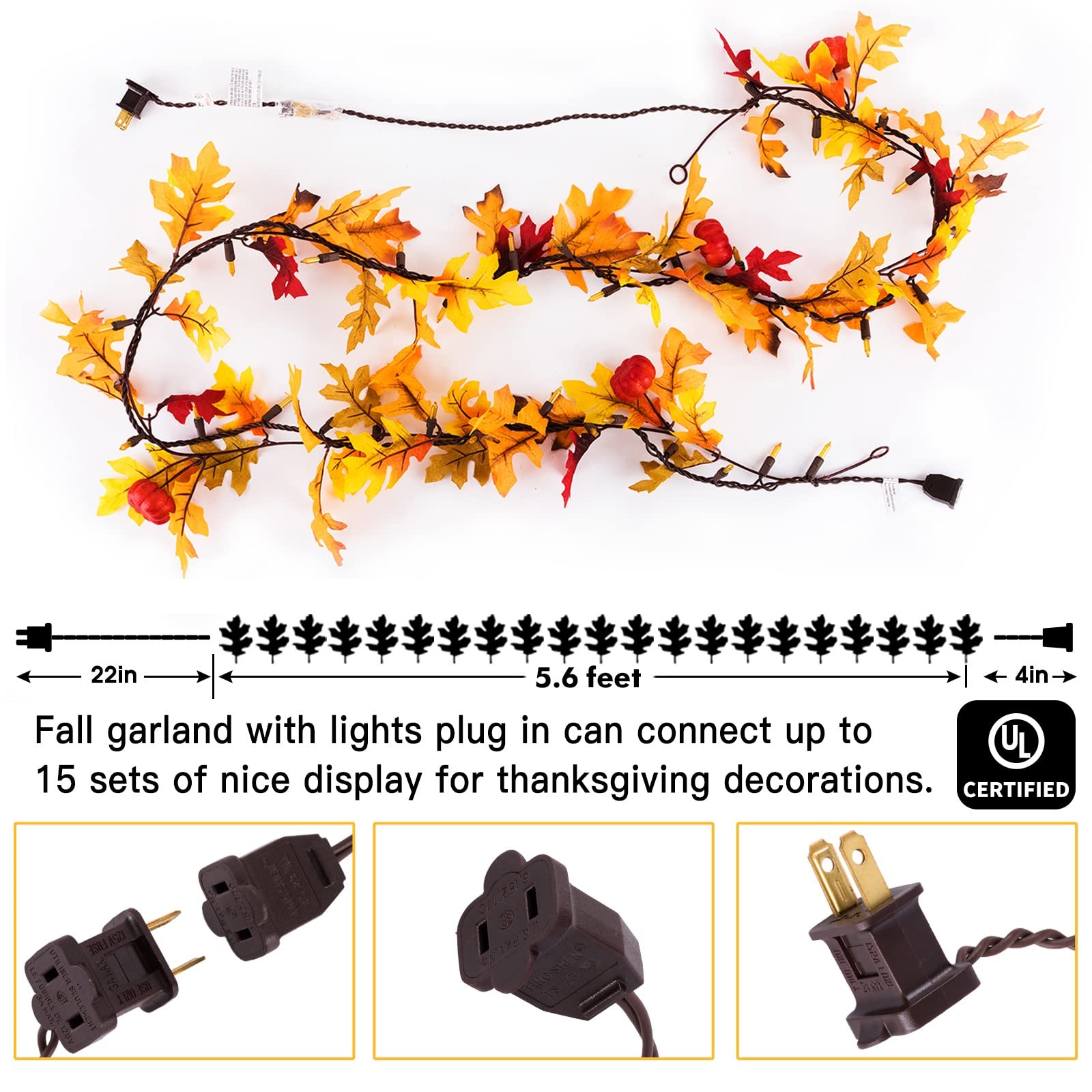 Maple Leaf String Lights Thanksgiving Decorations, Fall Garland Lights String With 35 Incandescent Bulbs For Connectable 15 Sets Display Indoor Outdoor Fall Decor Halloween Decorations