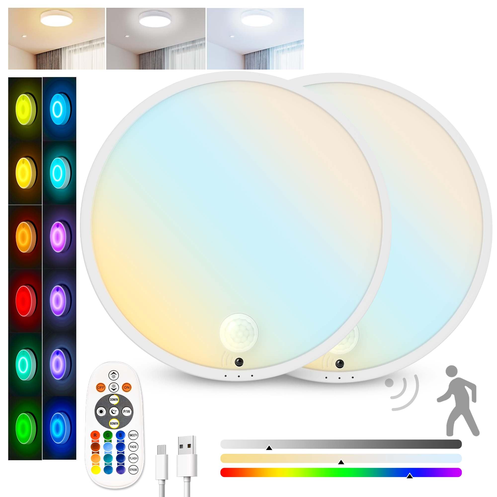 2Pack Motion Sensor Ceiling Light, Rechargeable Battery Powered LED Ceiling Light for Closet Bathroom Stairs Porch Hallway Pantr