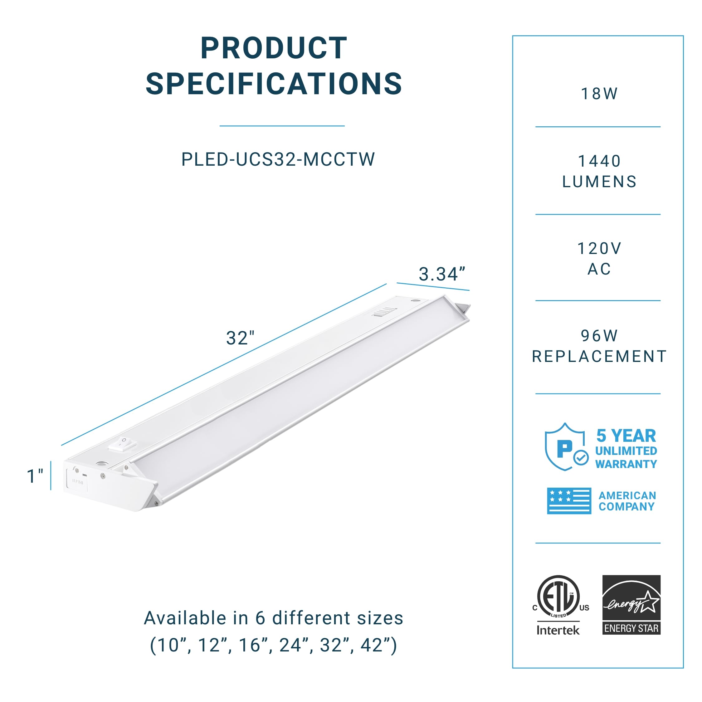 Parmida LED Swivel Under Cabinet Light, 32" Dimmable, 18W, 3CCT Color Selectable, White, Model PLED-UCS32-3CCTW