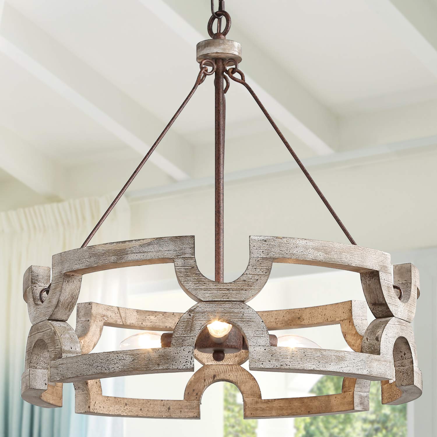 KSANA Farmhouse Chandelier, Wood Drum, Hand-discomfort-reducingted White Finish, W19.5” x H21”, Antique Dark