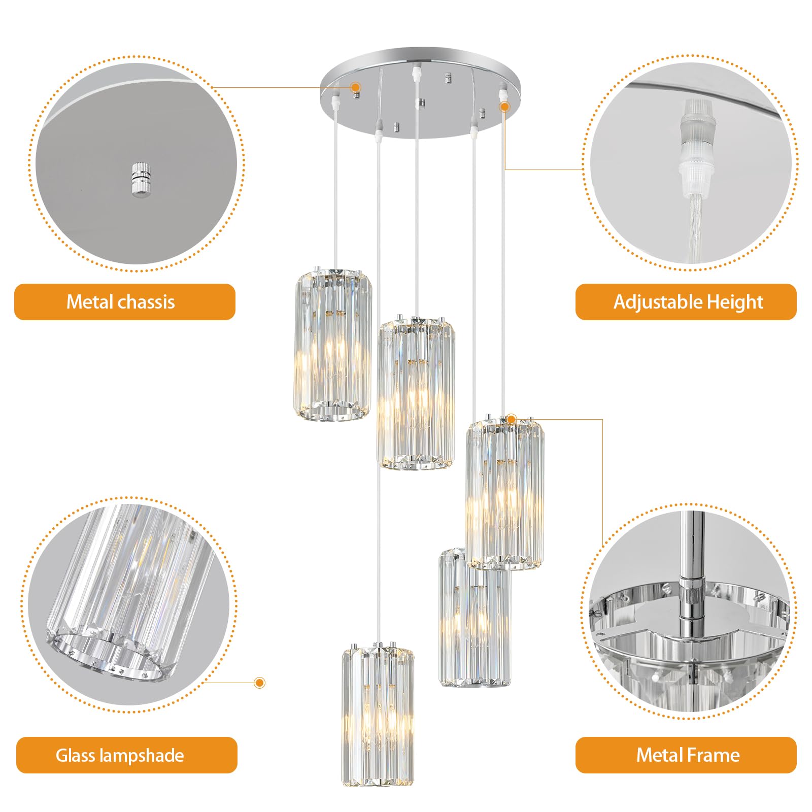 Zhllmq Chrome Pendant Lighting Modern Pendant Light  Mini Crystal Chandeliers Adjustable Pendant Light Fixture For Kitchen Island Dinning Room Corridor Bedroom(Gold 5-Light)