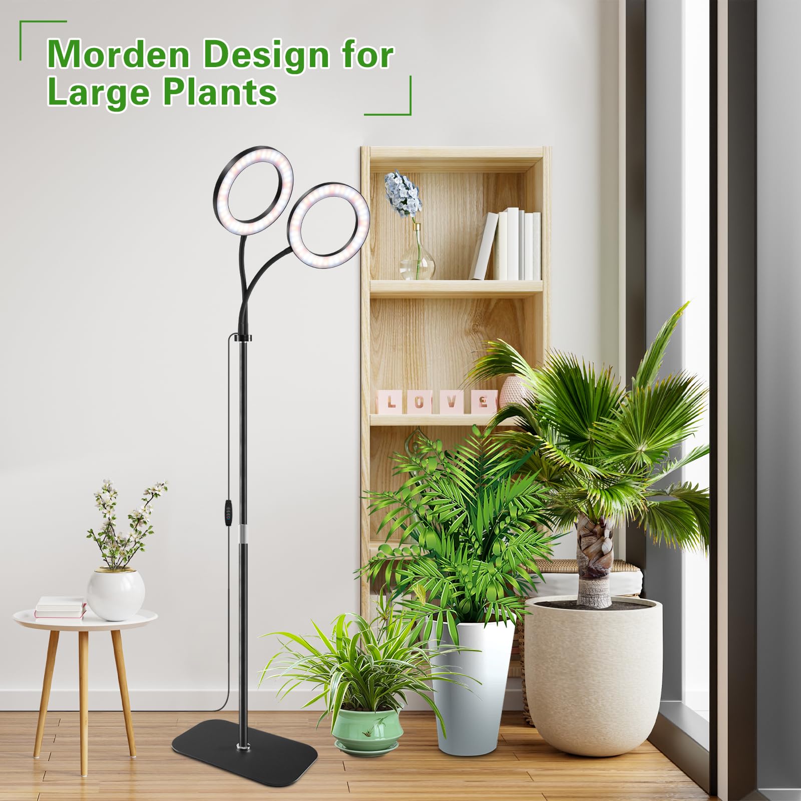 SDOVUERC Full Spectrum Grow Light with Stand for Indoor Plants, Floor Plant Light, 3/9/12H Timer, 3 Color Modes, Adjustable Heig