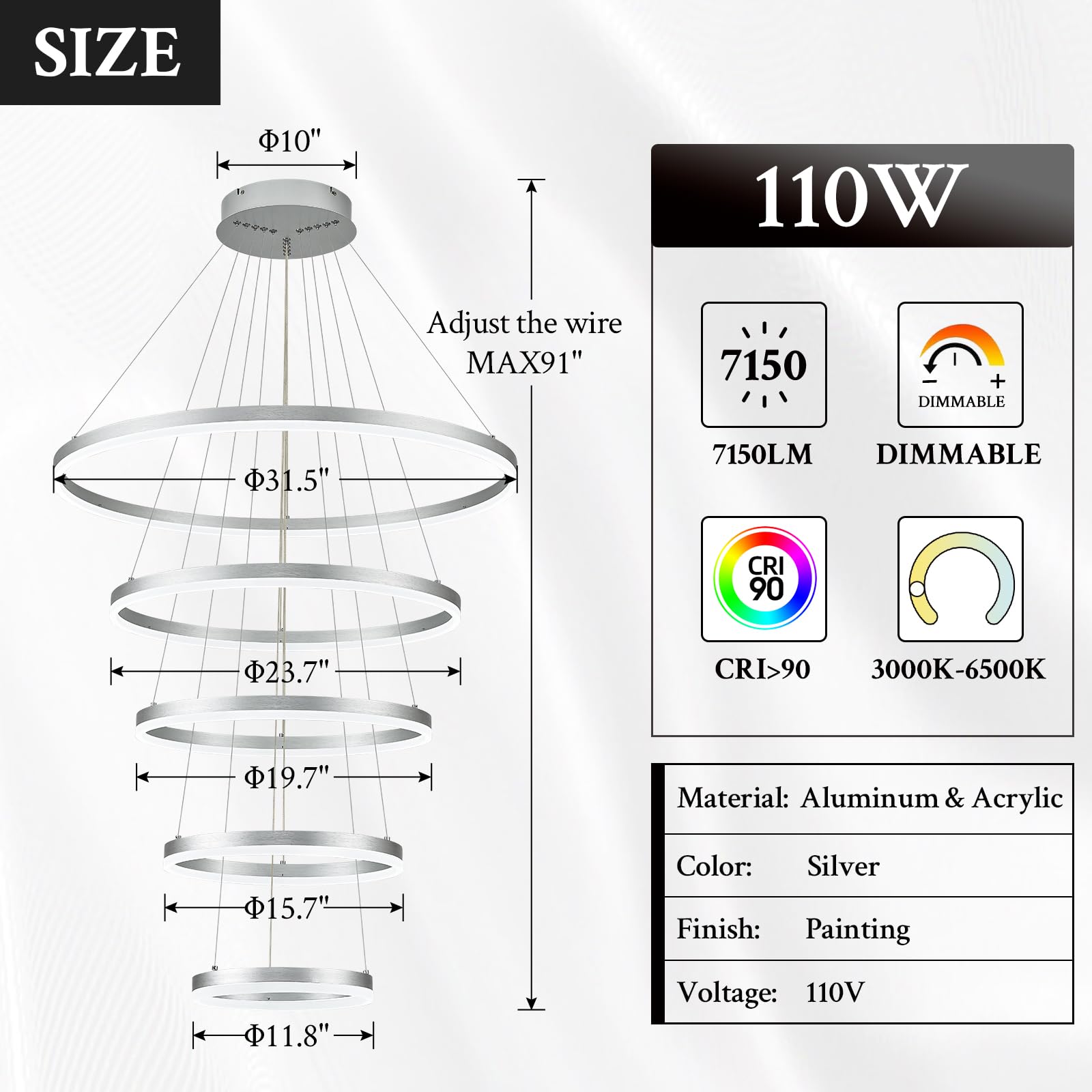 Sparklelf LED Chandelier, 5 Rings, Dimmable, Remote Control, Silver, 31.5in, Model SE-P60-5SDC1