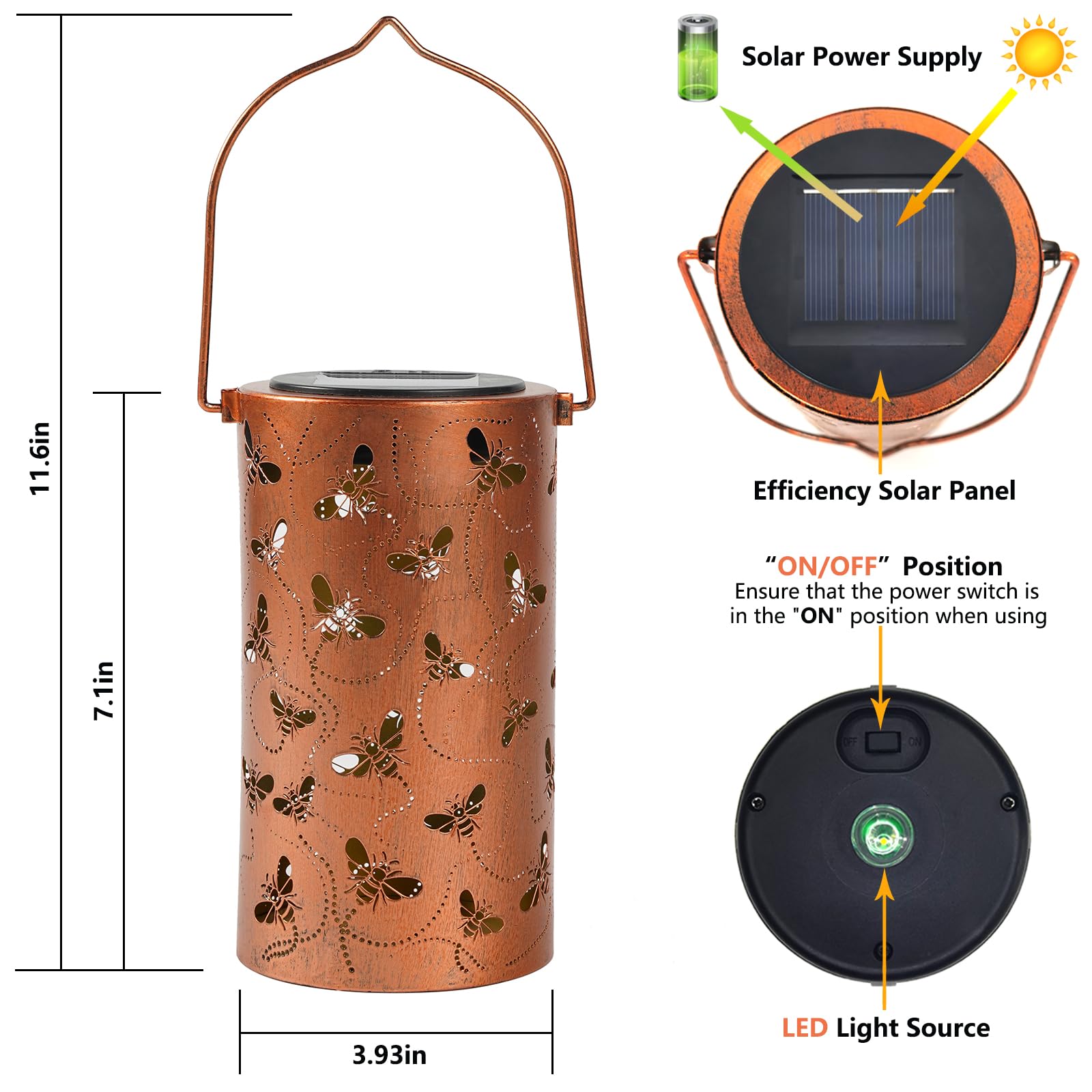 Solar Honeybee Lanterns Outdoor Hanging Decor Lantern,Waterproof Hollow Out Retro Metal Decorative Garden Light,Graceful Decorat