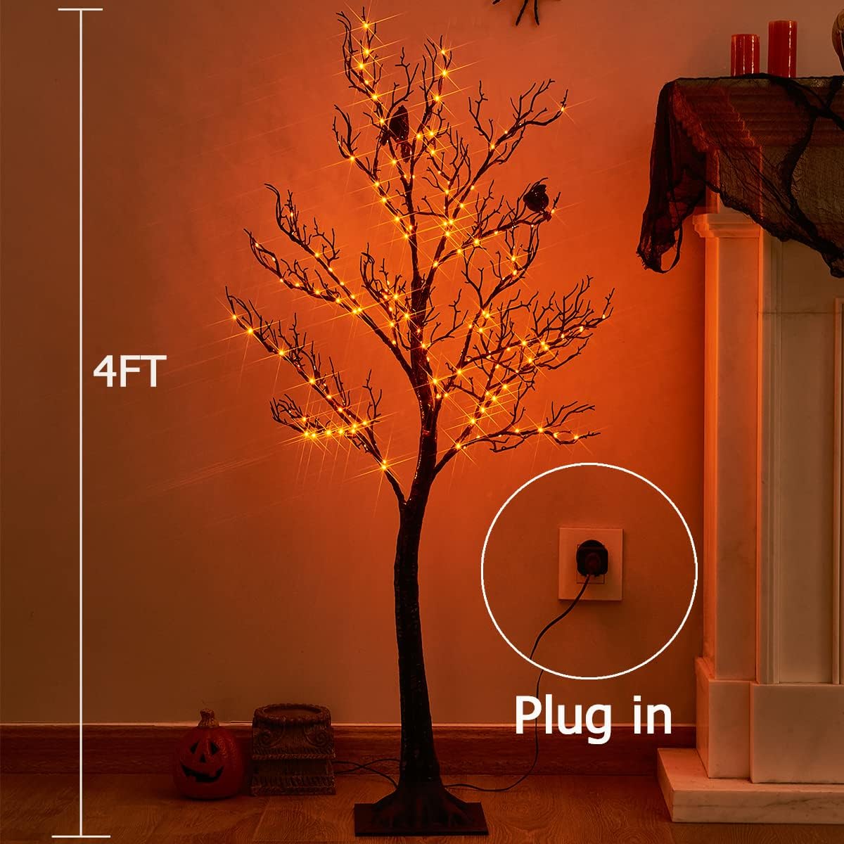 Birchlitland 4ft Halloween Tree with 150 Orange Fairy Lights - Glittered Black Decoration for Indoor/Outdoor Halloween Party