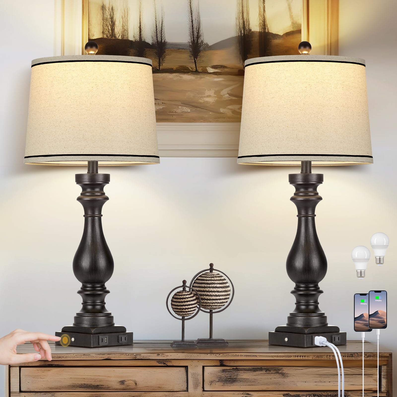 Rinweey 27.5" Farmhouse Table Lamp For Living Room Set Of 2,Vintage Bedside Nightstand Lamps With Usb C+A Ports & Ac Outlet,3-Way Dimmable Touch Control Retro Black Desk Lamp For Bedroom,Black