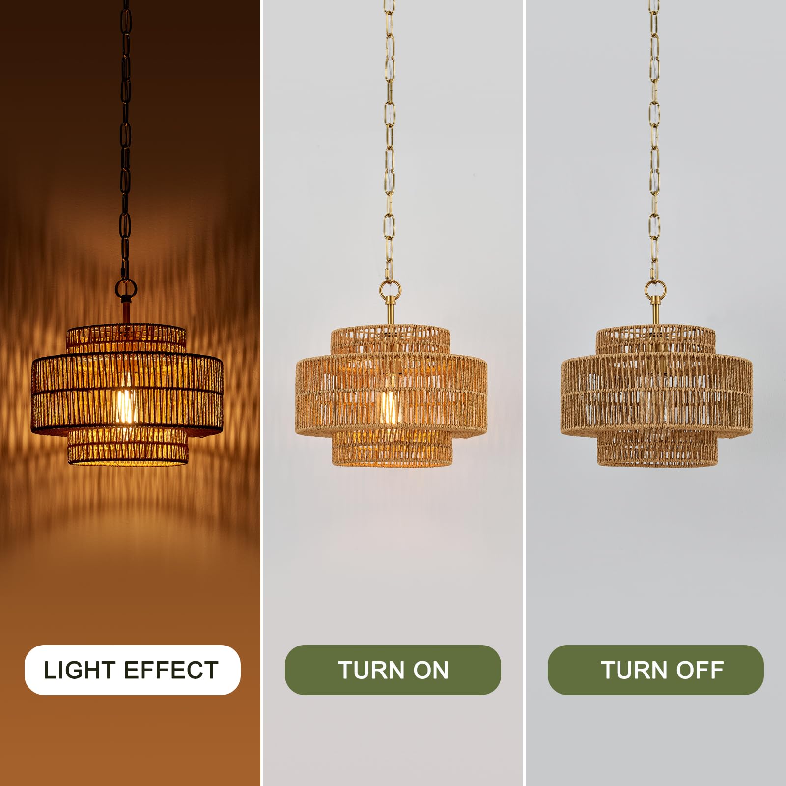 Tunkayli 12.6 Rattan Pendant Light Fixture Vintage Farmhouse Hand-Woven Boho Bamboo Pendant Lighting Mini Drum Wicker Golden Chandelier For Kitchen Island  Bedroom  Dining Room  Entryway  Foyer