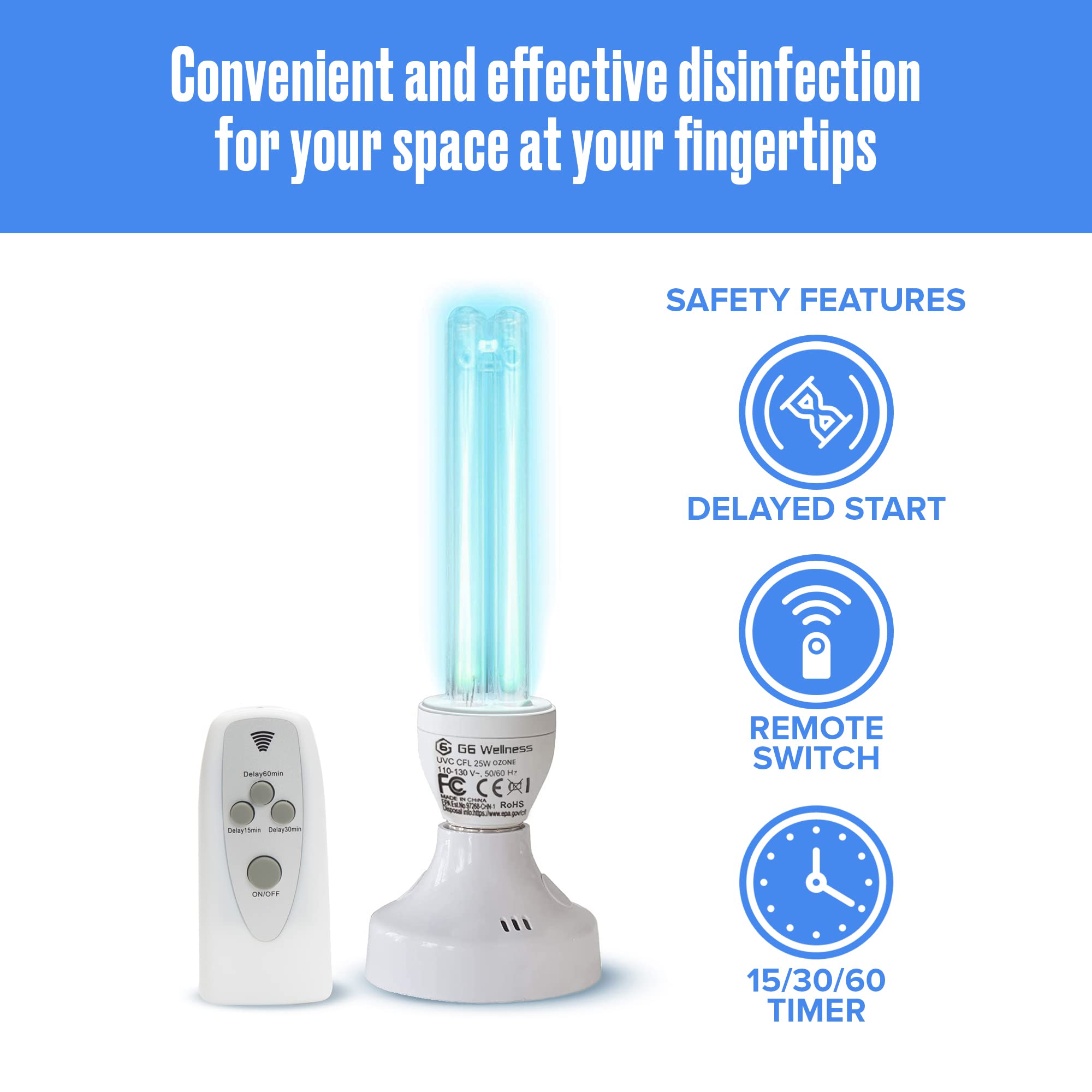 Ozone UV Germicidal Light Sanitizer UVC Ultraviolet Lamp E26 Bulb with Stand and Remote Lamp