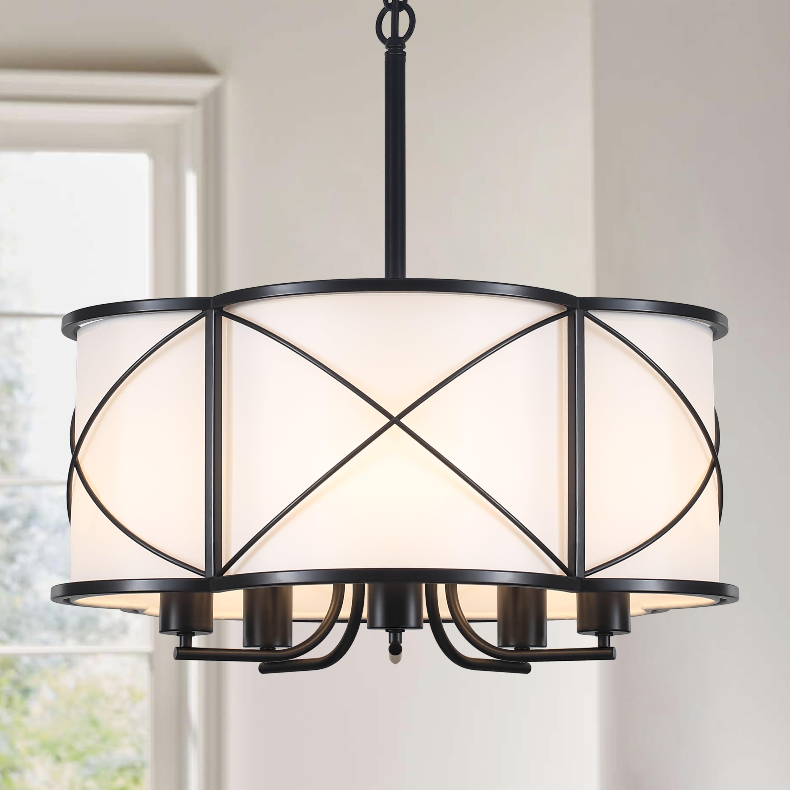 19'' Farmhouse Drum Chandelier For Dining Room 5-Light Black Modern Pendant Light White Fabric Retro Height Adjustable Lighting 