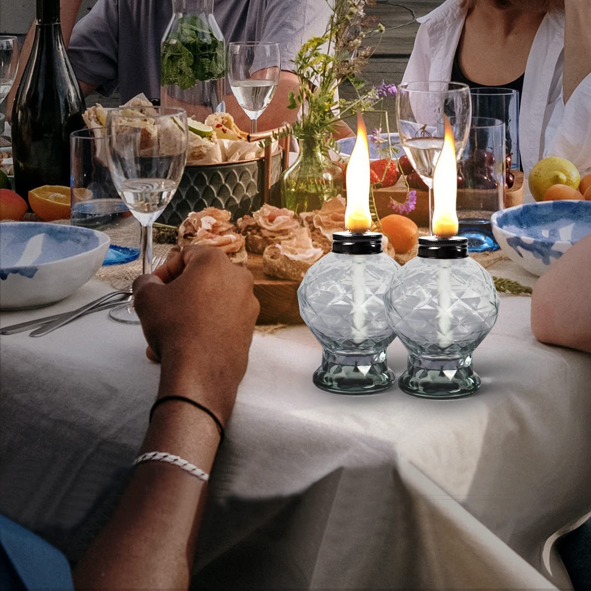 Dikaida 4 Pack Glass Table Torches, Citronella Table Top Torches With Wick And Cap For Outdoor, Refillable Landscape Lanterns Fo