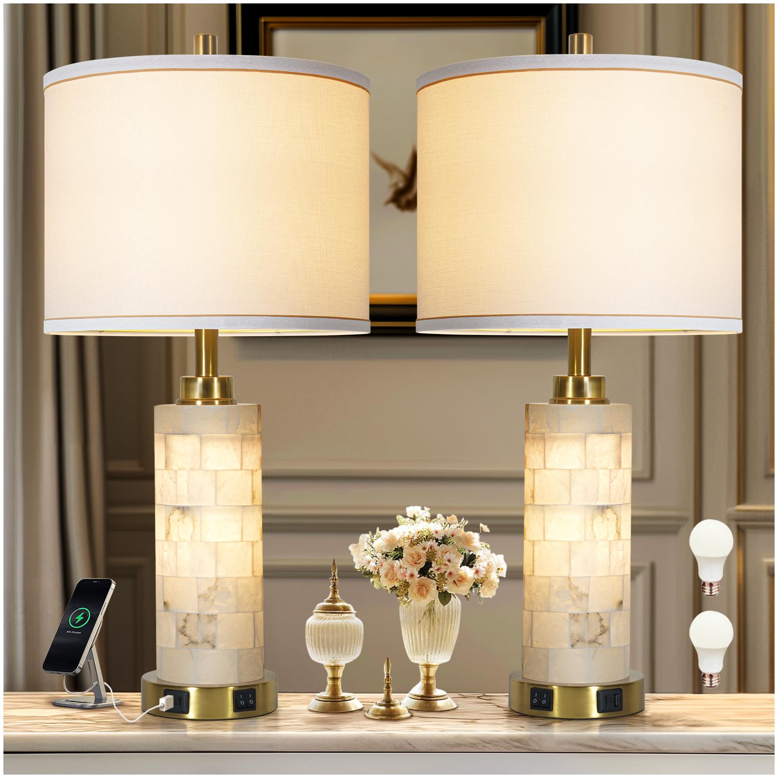 Rustic Natural Alabaster Table Lamp Set Of 2 With Night Light for Living Room Nightstand Table Lamp with 2 USB Ports For Bedroom