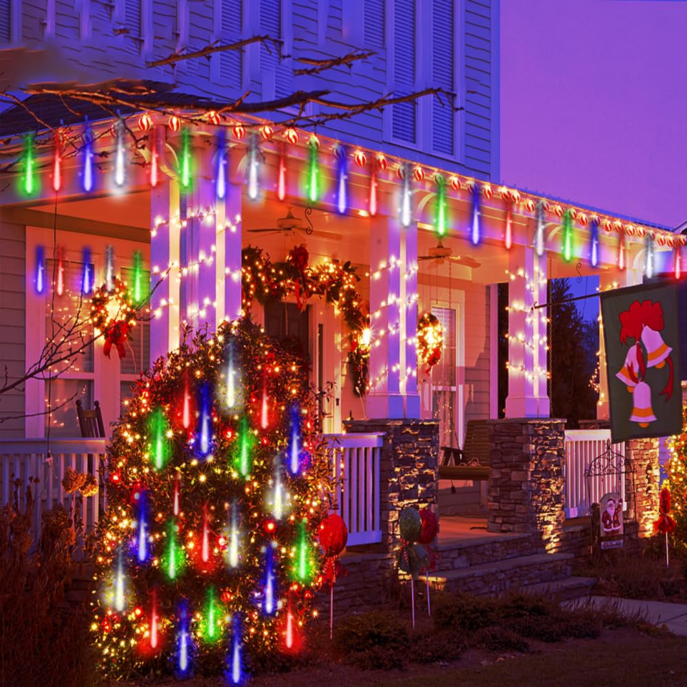 Kwaiffeo Icicle Lights For Outside, 16 Tubes(Equivalent To 2 Sets Of 8-Tube) Solar Powered Meteor Shower Lights For Xmas Hallowe