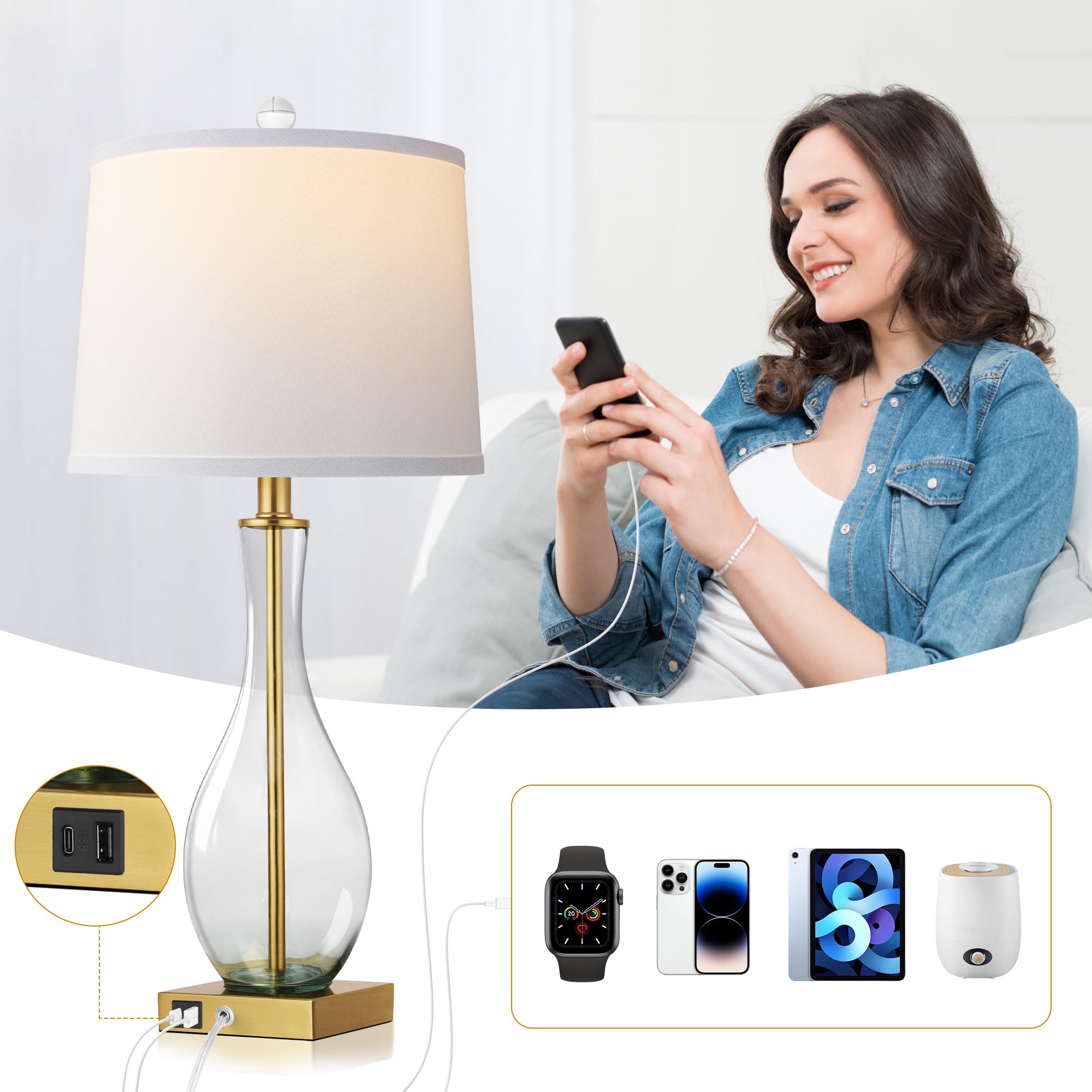 WIHTU Table Lamps Set of 2, Touch Control, 27in Glass Bedside Lamps, 3-Way Dimmable, USB C/A Charging, Gold, Model WTLP357AJ
