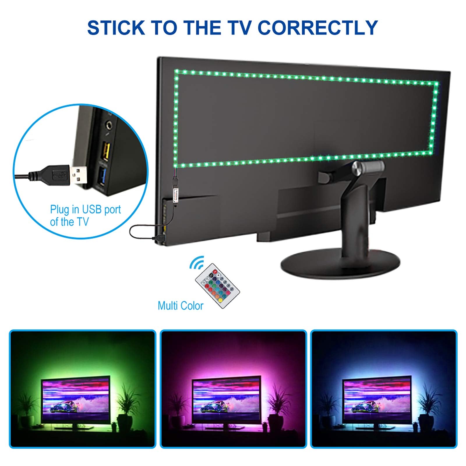 Kopmhye 10Ft Rgb Led Strip Lights, Waterproof Usb Backlight, 16 Color Changing For Tv & Pc