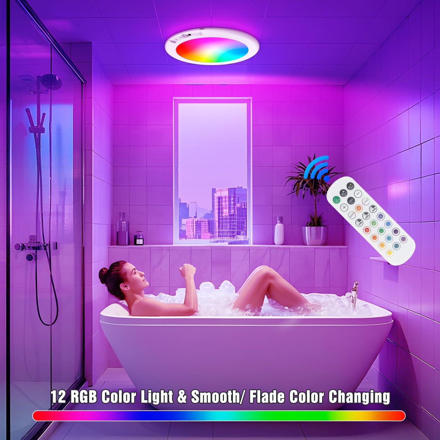 Ktpugorn Rechargeable Ceiling Light With Remote, Shower Lights For Inside Shower With Color Changing & White Lights, Motion Sens