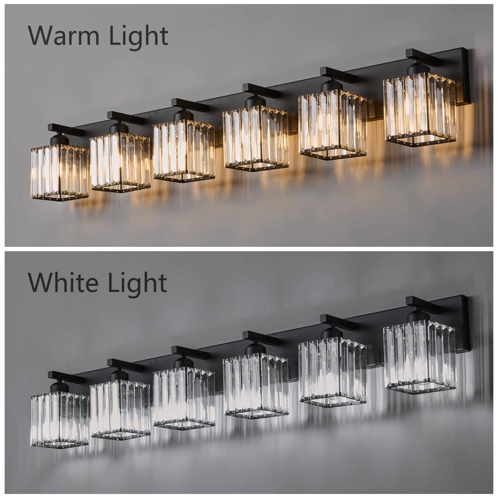 FDPBY Modern Black Crystal Bathroom Vanity Light - 6-Light Metal Wall Fixture, Model JW-002