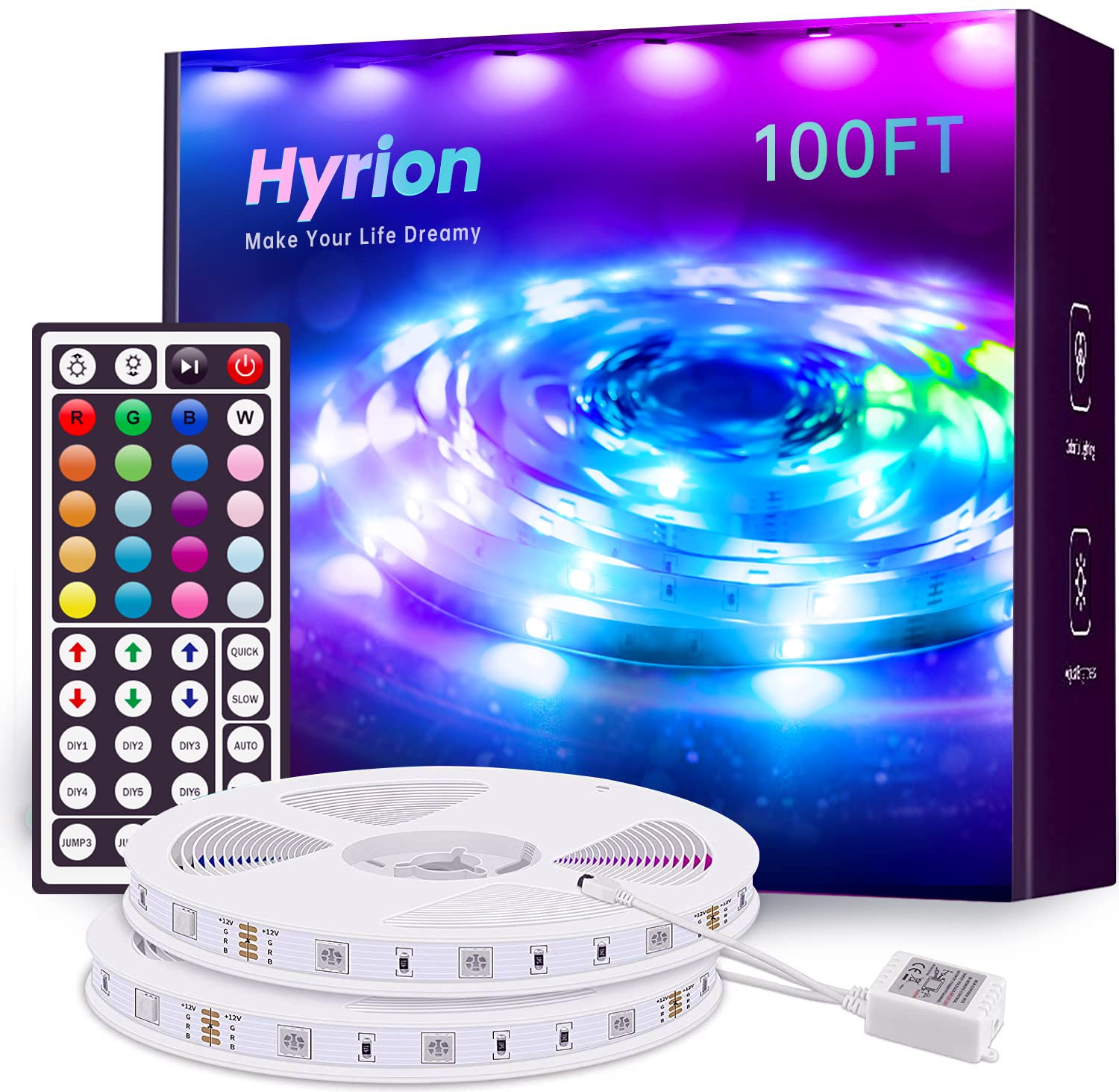 hyrion LED Strip Lights 100ft, SMD 5050 RGB Color Changing with 44 Key Remote, Dimmable for Bedroom, Living Room, Kitchen