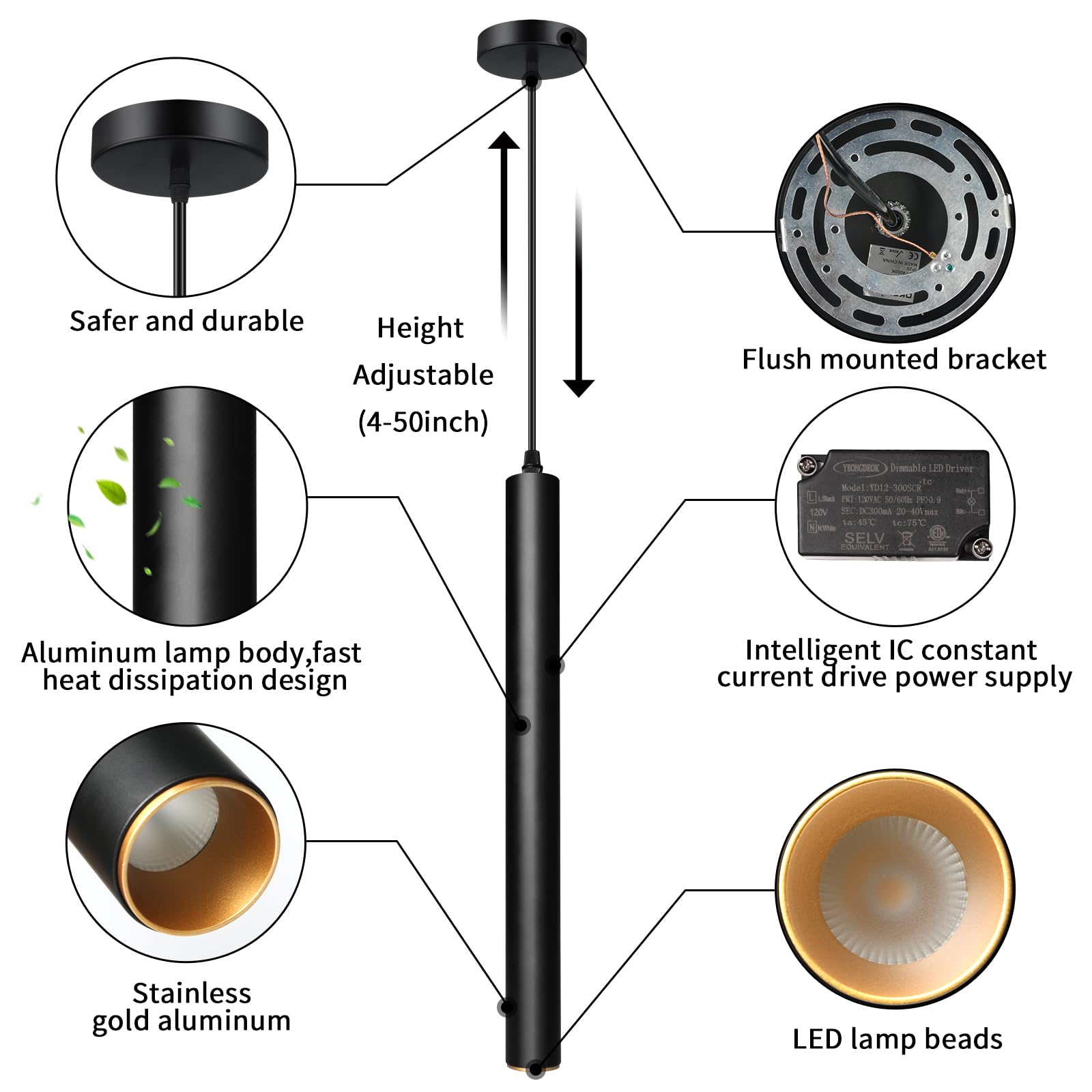 Okeli Modern Pendant Lights, Black Pendant Light Fixture, Led Minimalist Strip Pendant Lighting For Kitchen Island Bar,15Inch,40