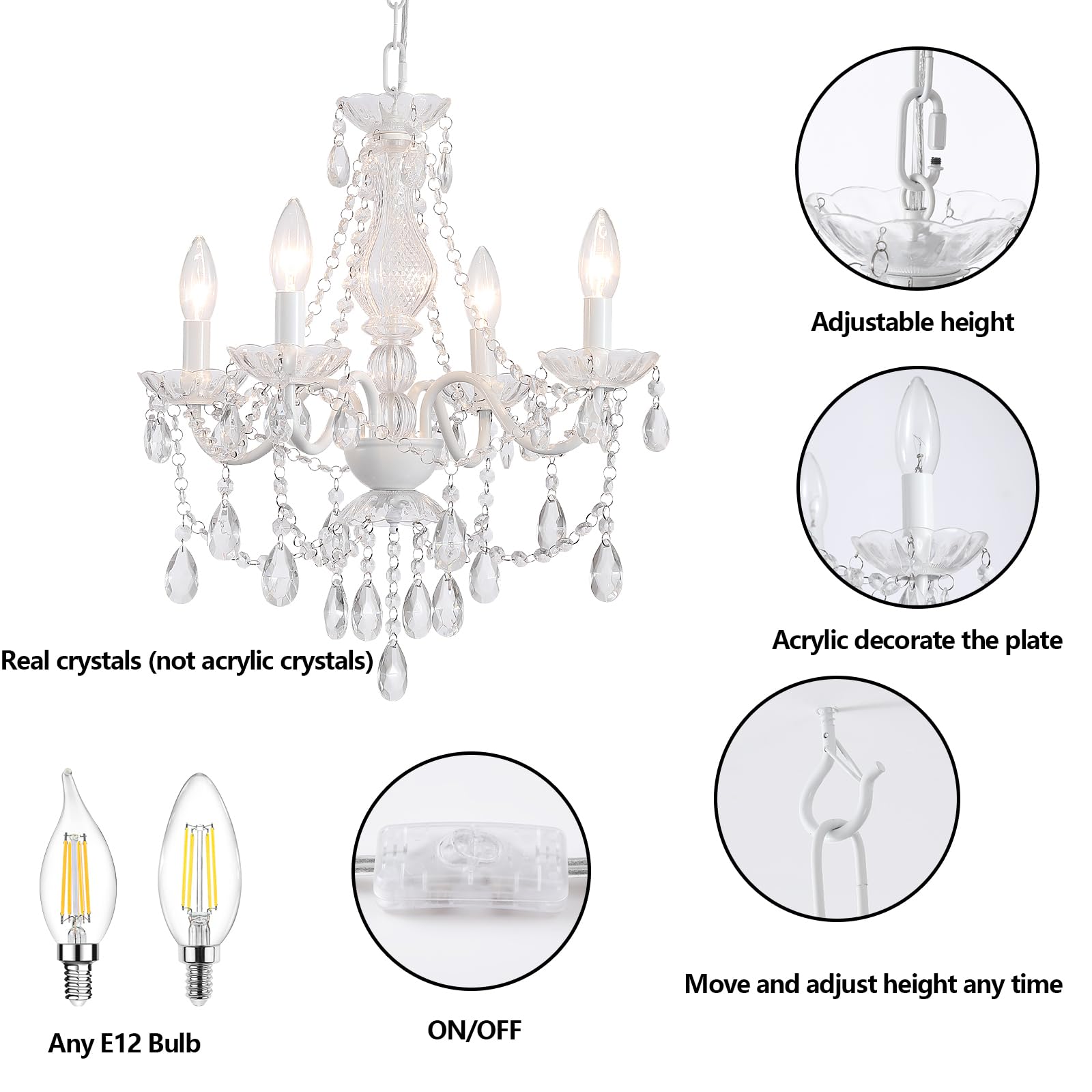 AMZASA Crystal Chandelier, 4 Light White Pendant Light, 19.9"W x 18.1"H, Clear Cord, Ideal for Kitchen, Dining, Wedding, Mini Room