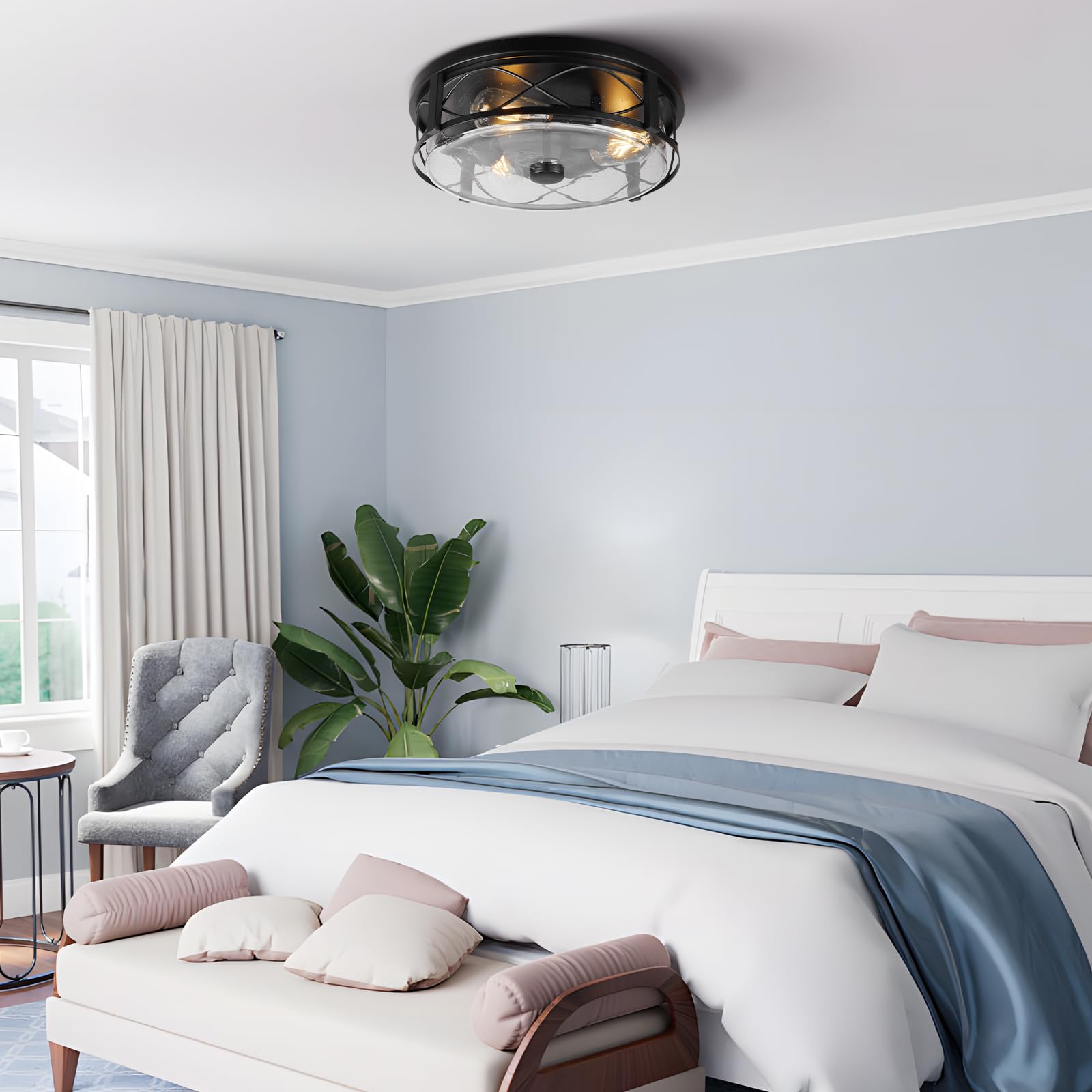 Rosient 16&quot; Seeded Glass Flush Mount Ceiling Light, 3-Light Black Lamp For Indoor/Outdoor Use